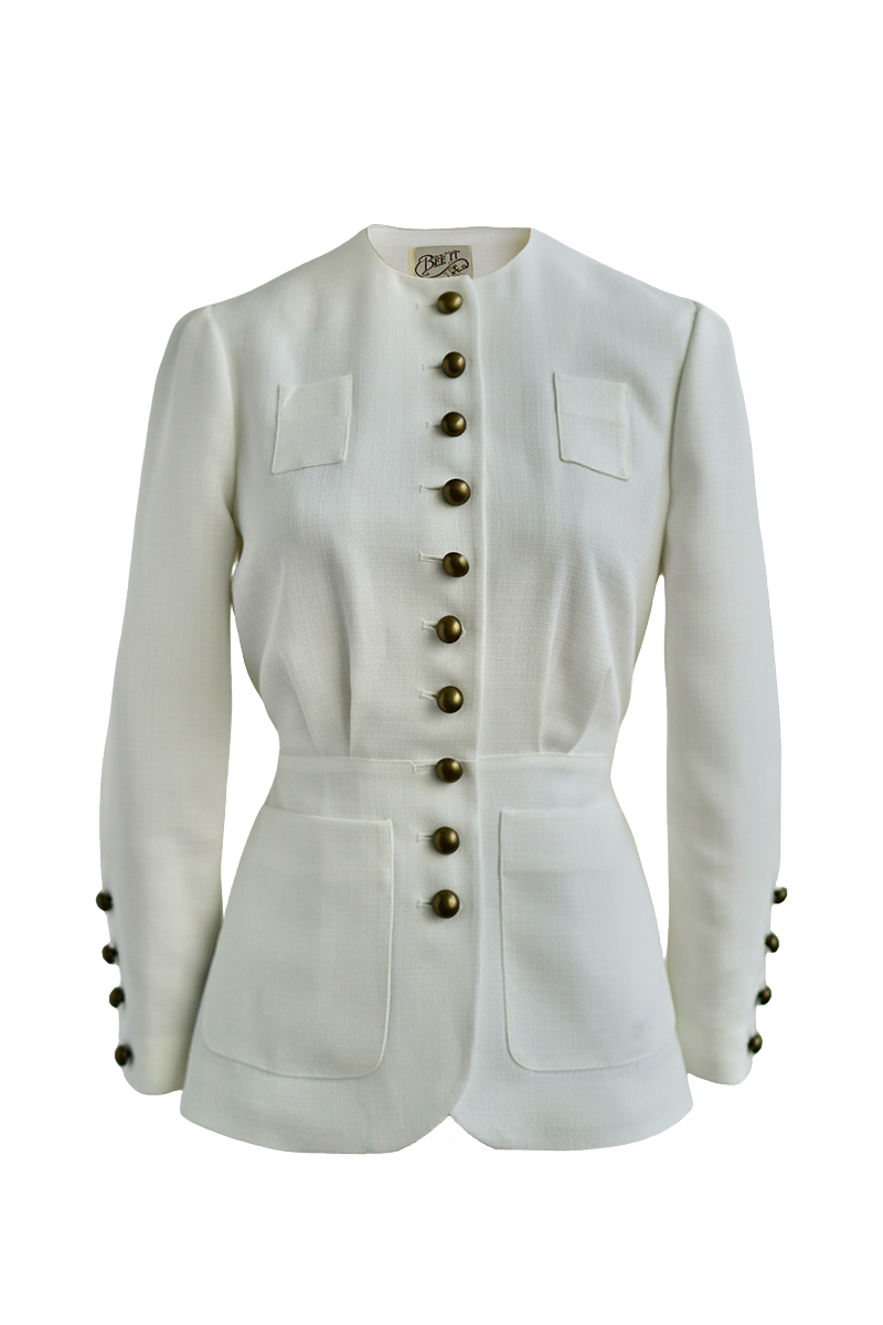 1930s|Collarless Fitted Button-Up Top( White )