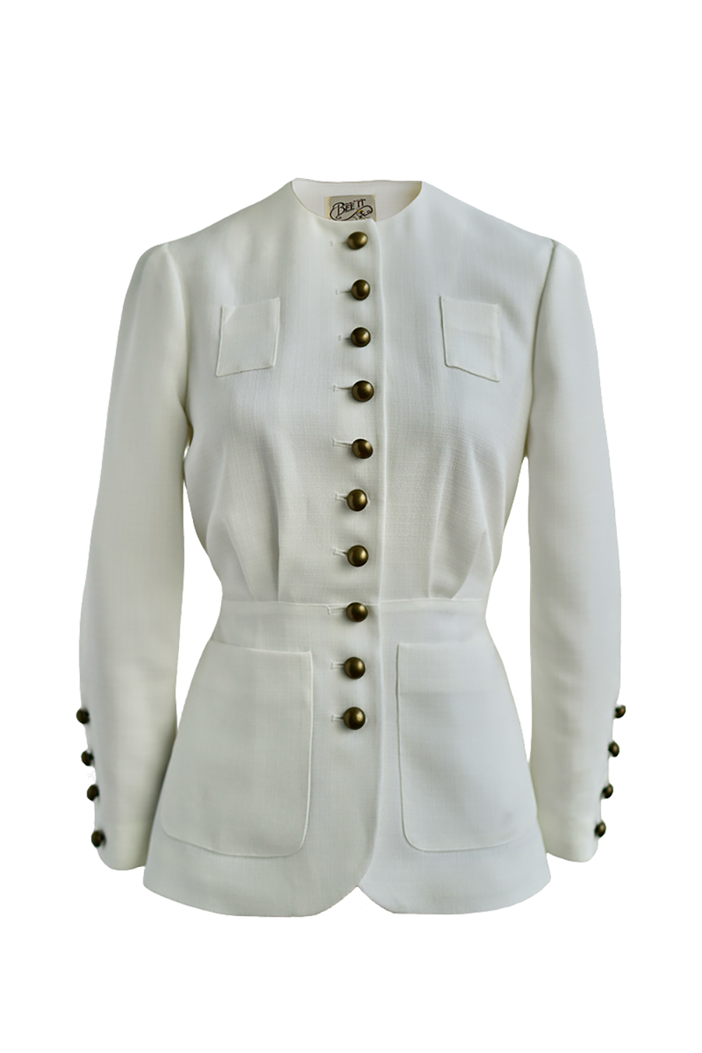 1930s|Collarless Fitted Button-Up Top( White )