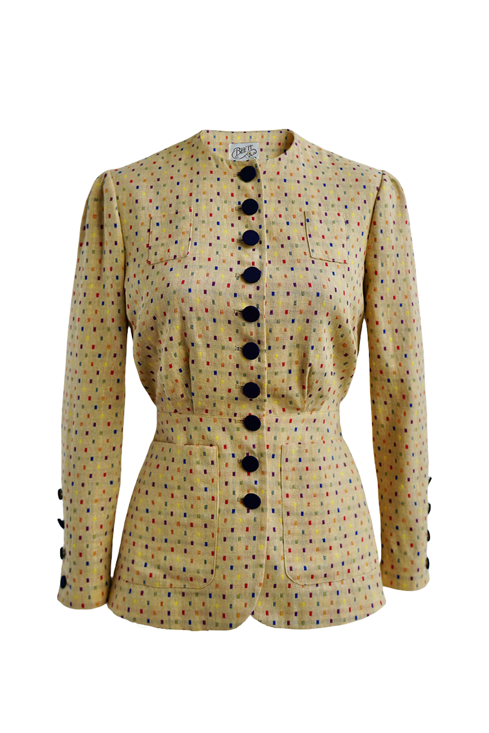 1930s|Collarless Fitted Button-Up Top( Colorful Dots )