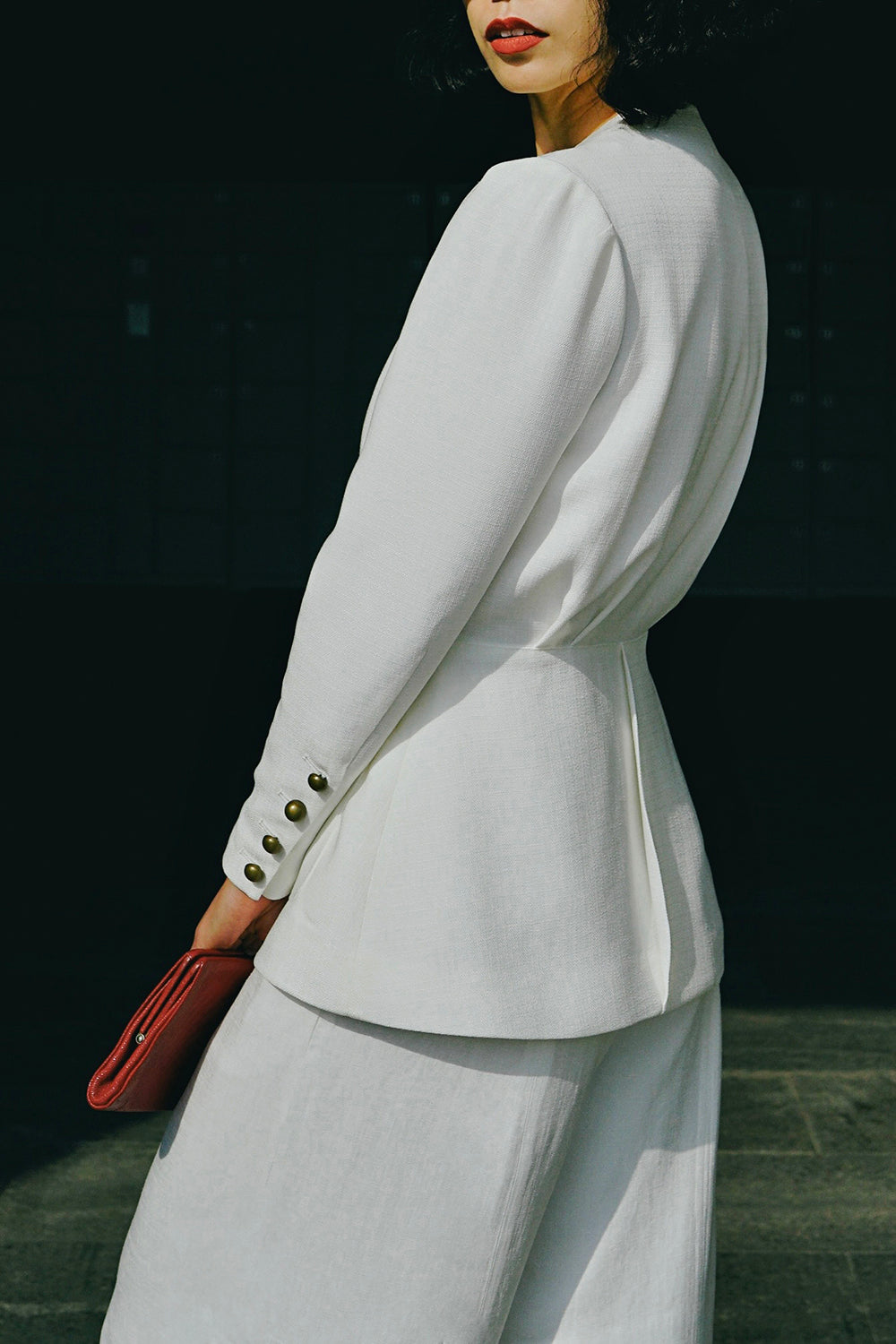 1930s|Collarless Fitted Button-Up Top( White )