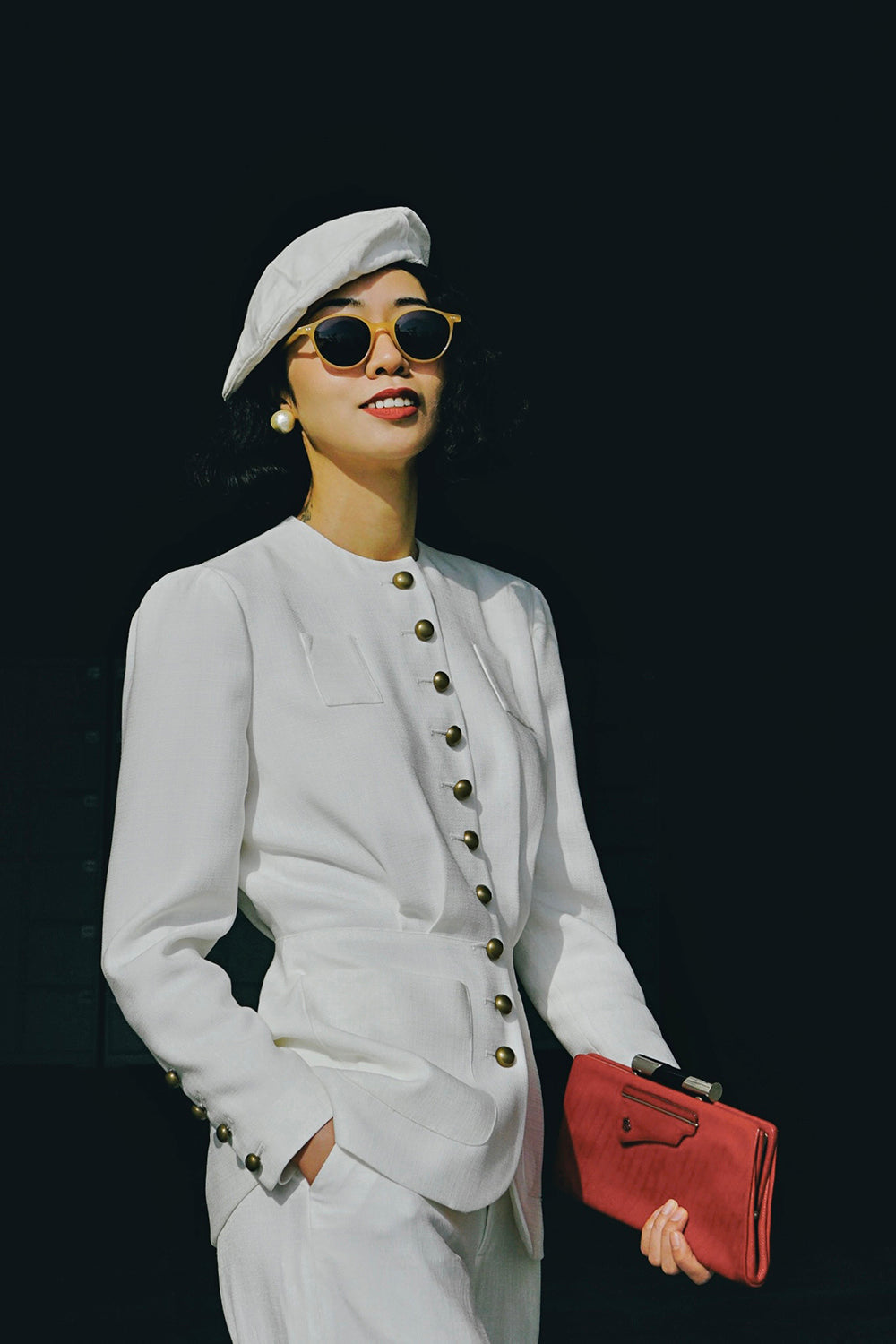 1930s|Collarless Fitted Button-Up Top( White )