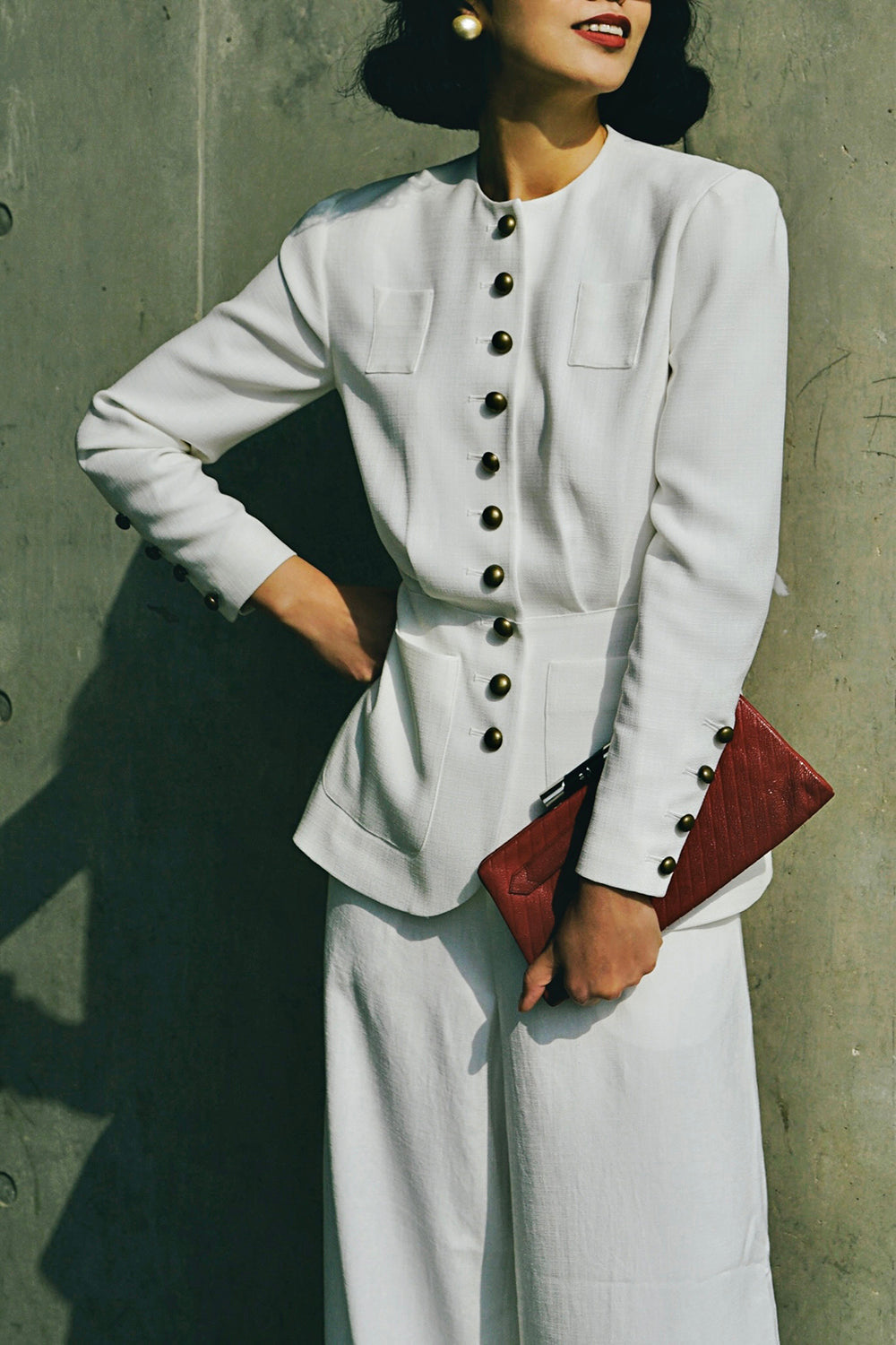1930s|Collarless Fitted Button-Up Top( White )