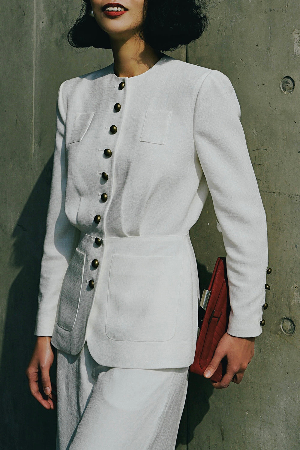 1930s|Collarless Fitted Button-Up Top( White )