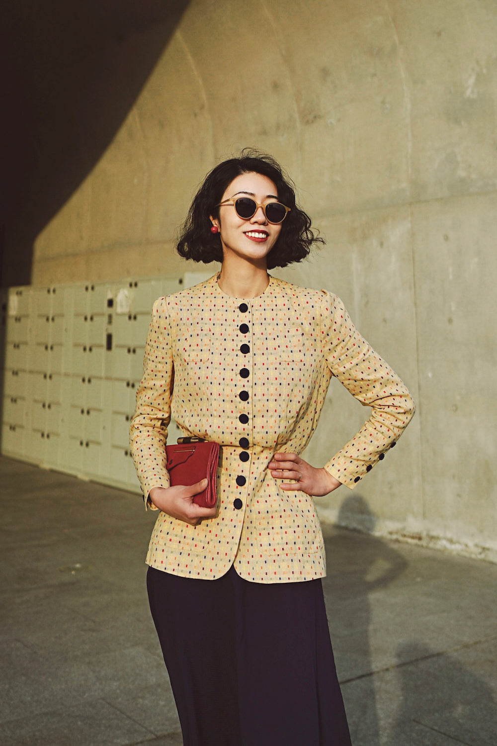 1930s|Collarless Fitted Button-Up Top( Colorful Dots )