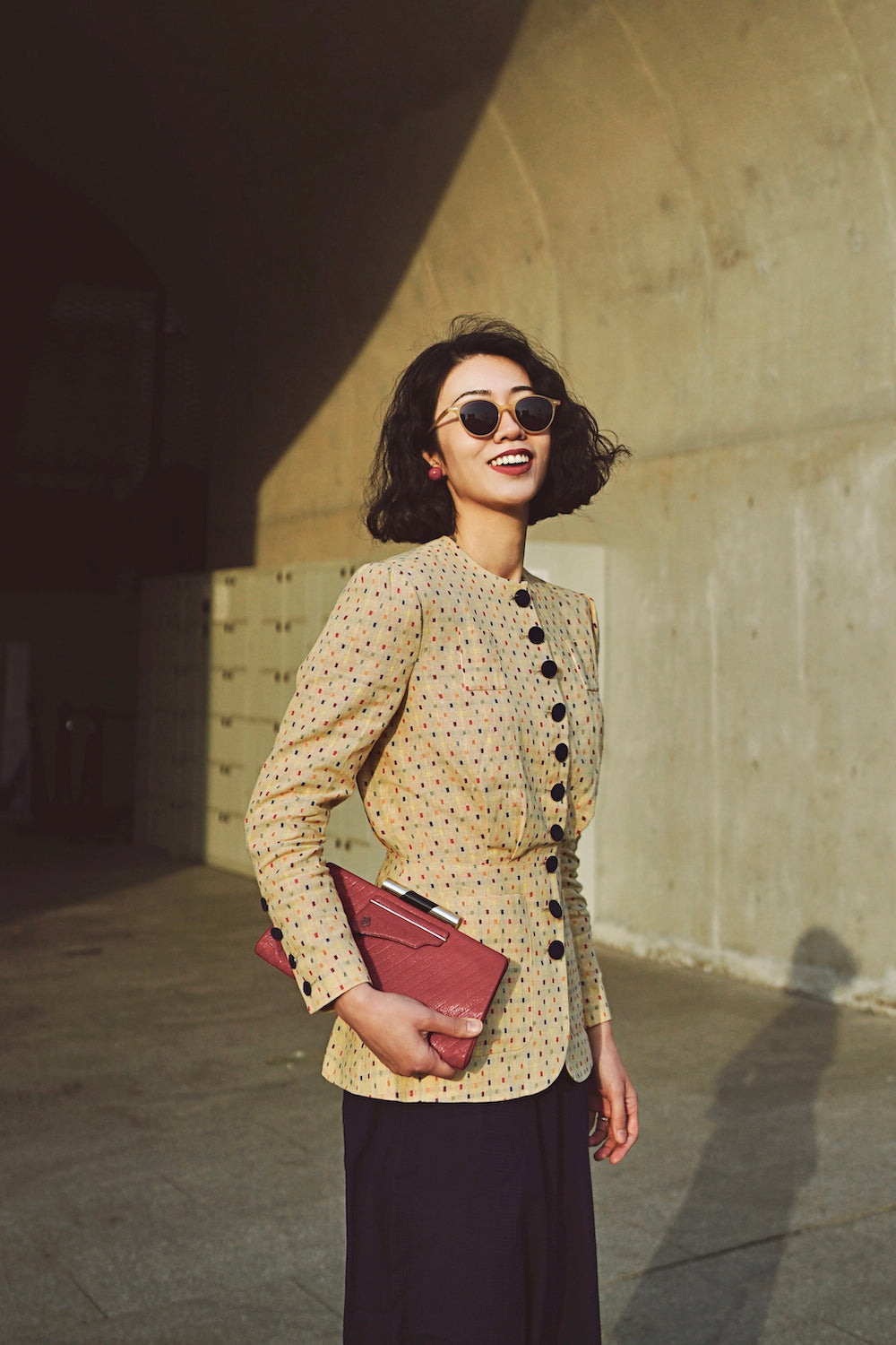 1930s|Collarless Fitted Button-Up Top( Colorful Dots )
