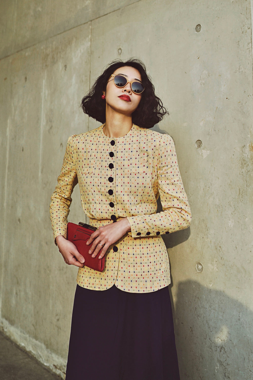 1930s|Collarless Fitted Button-Up Top( Colorful Dots )