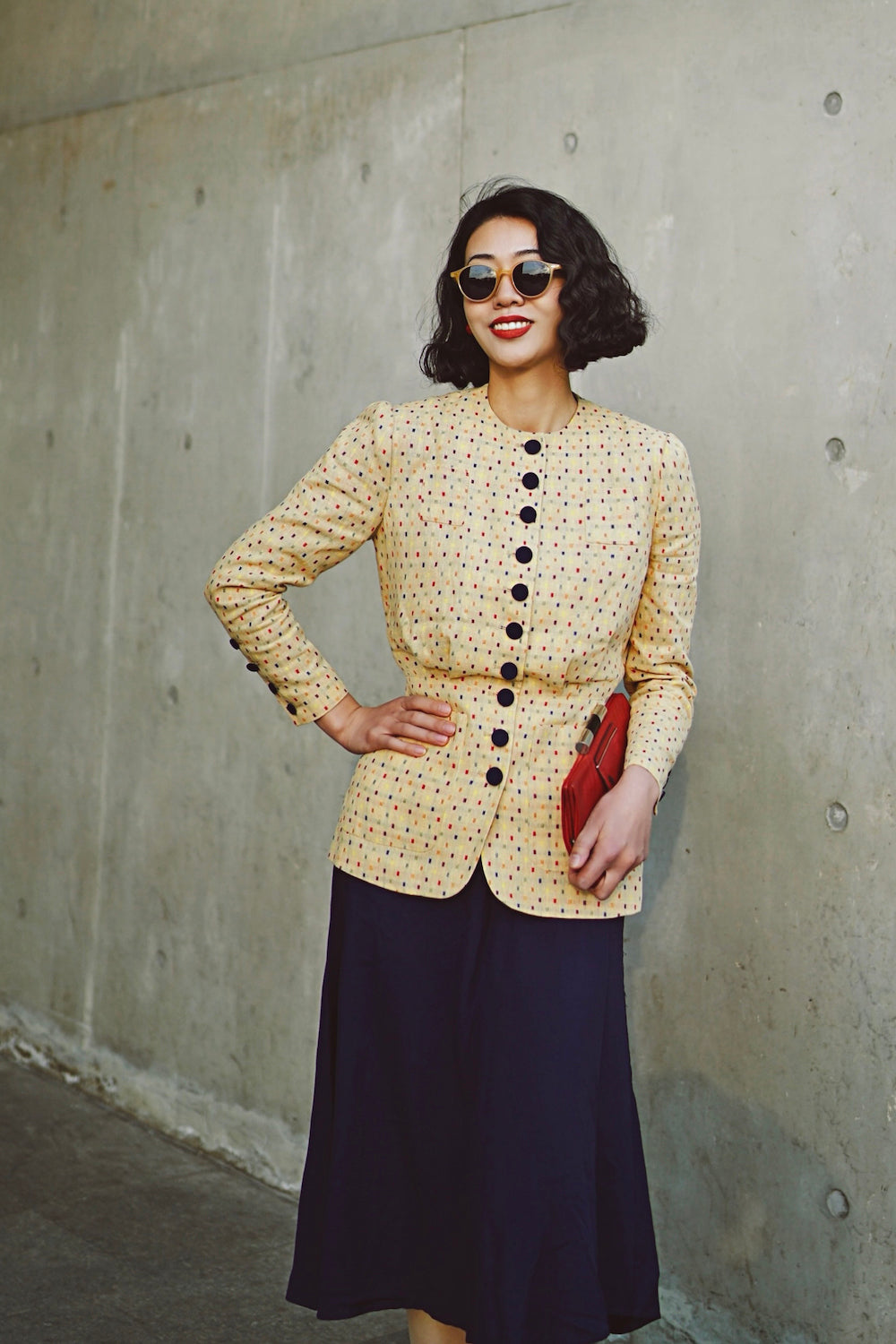 1930s|Collarless Fitted Button-Up Top( Colorful Dots )