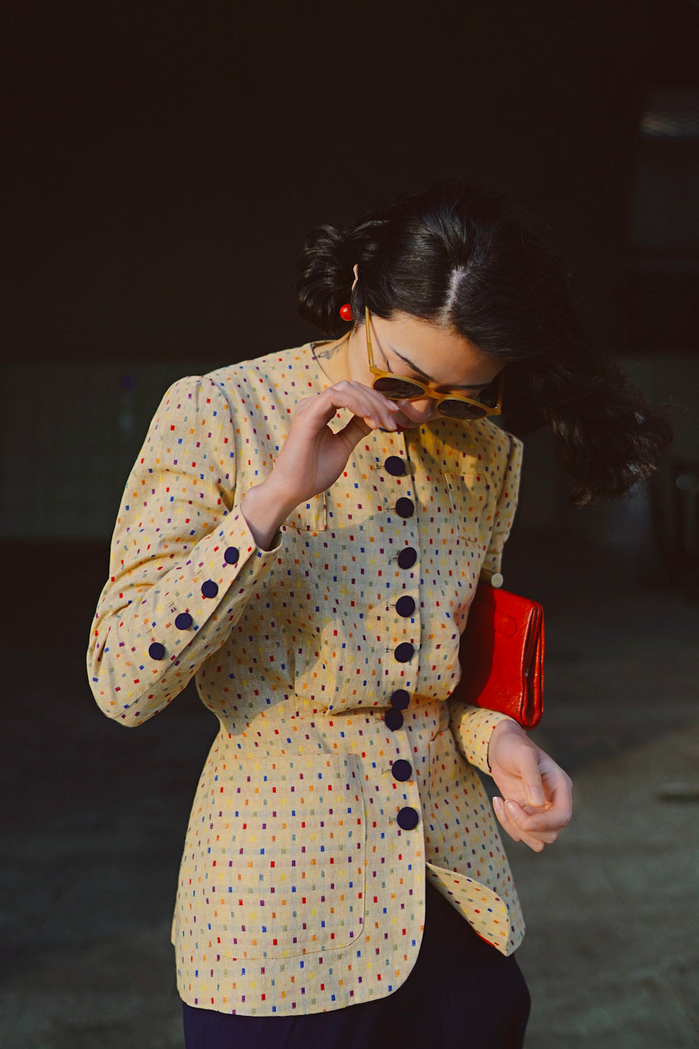 1930s|Collarless Fitted Button-Up Top( Colorful Dots )