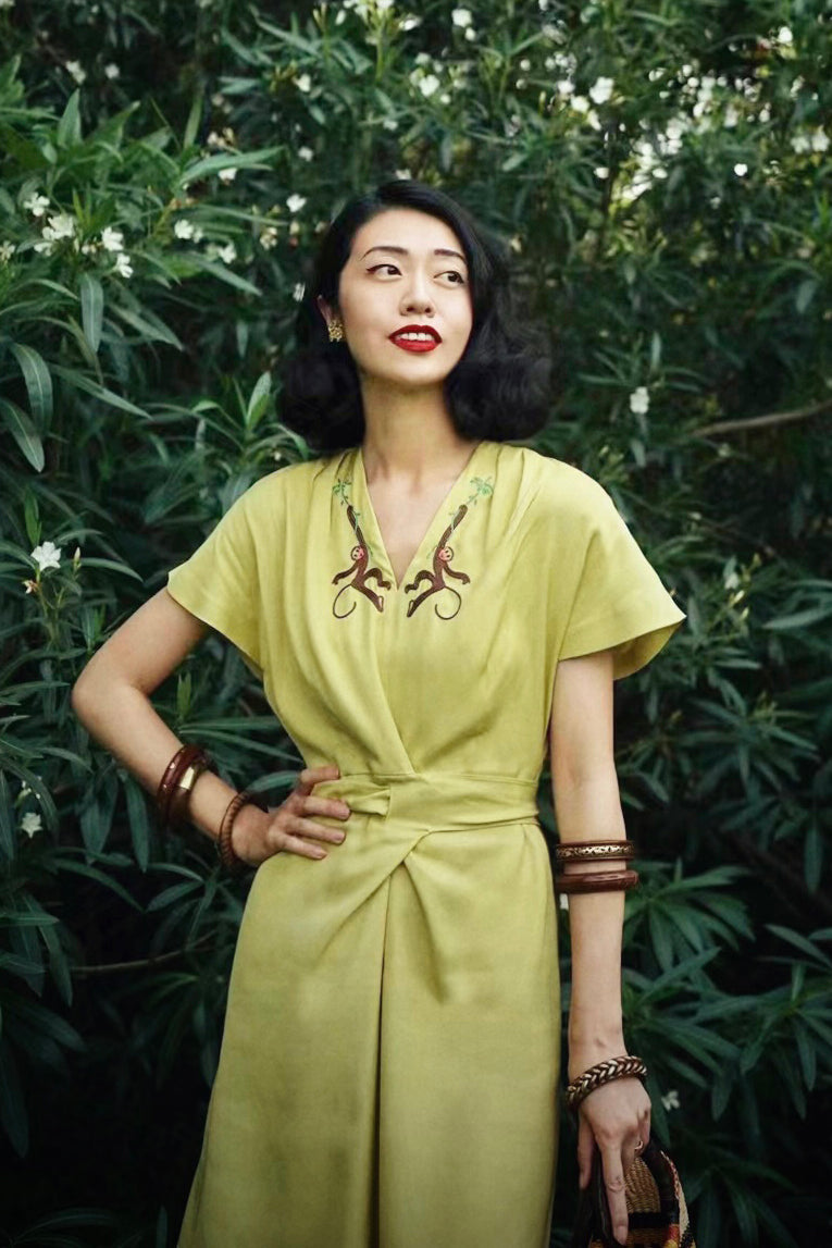 1940s|Monkey Embroidered Dress