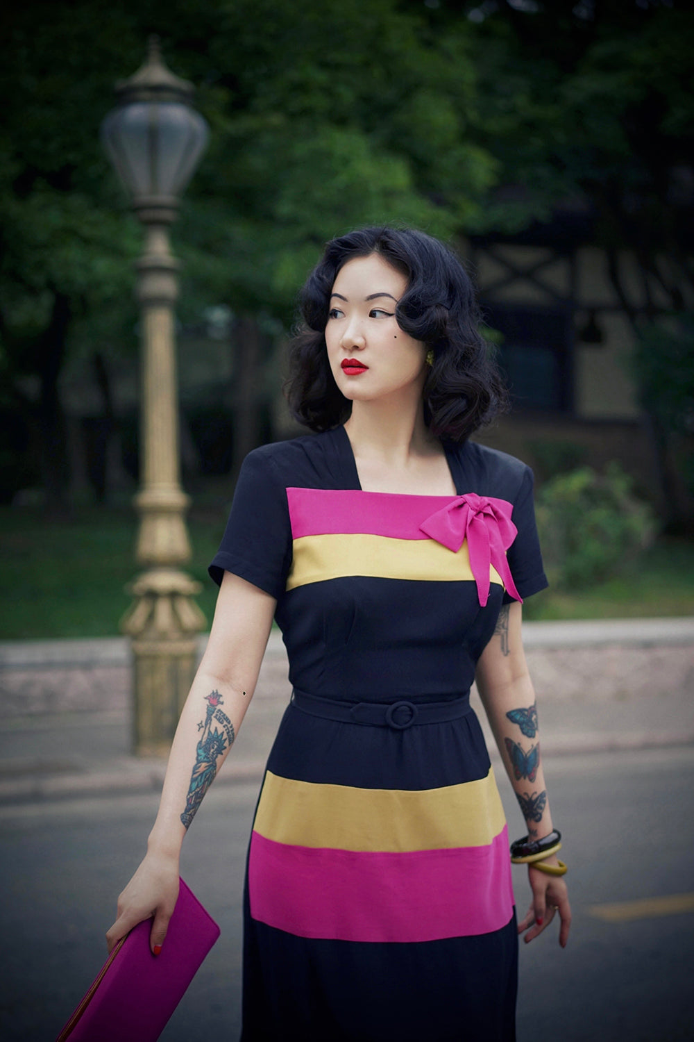 1940s|Color-Block Bow-Decorated Dress
