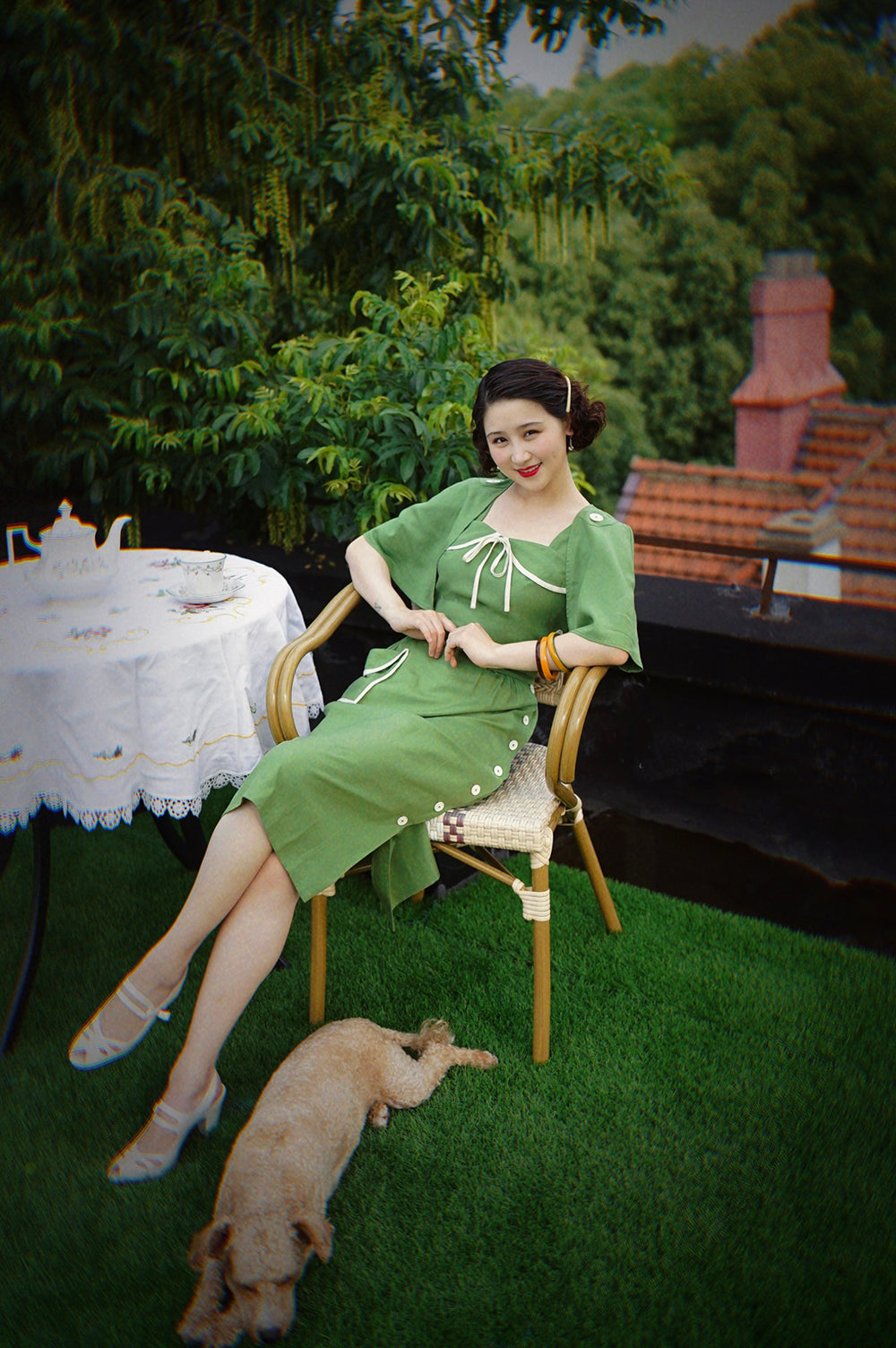1930s|Detachable Cape Botton Dress