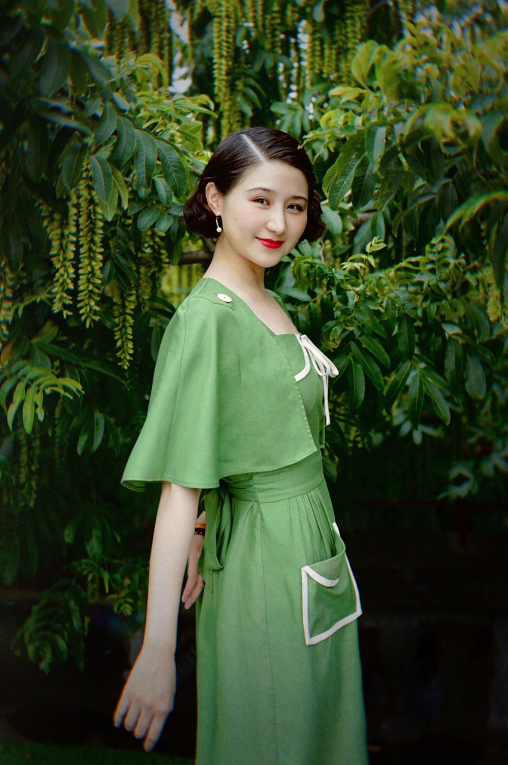 1930s|Detachable Cape Botton Dress