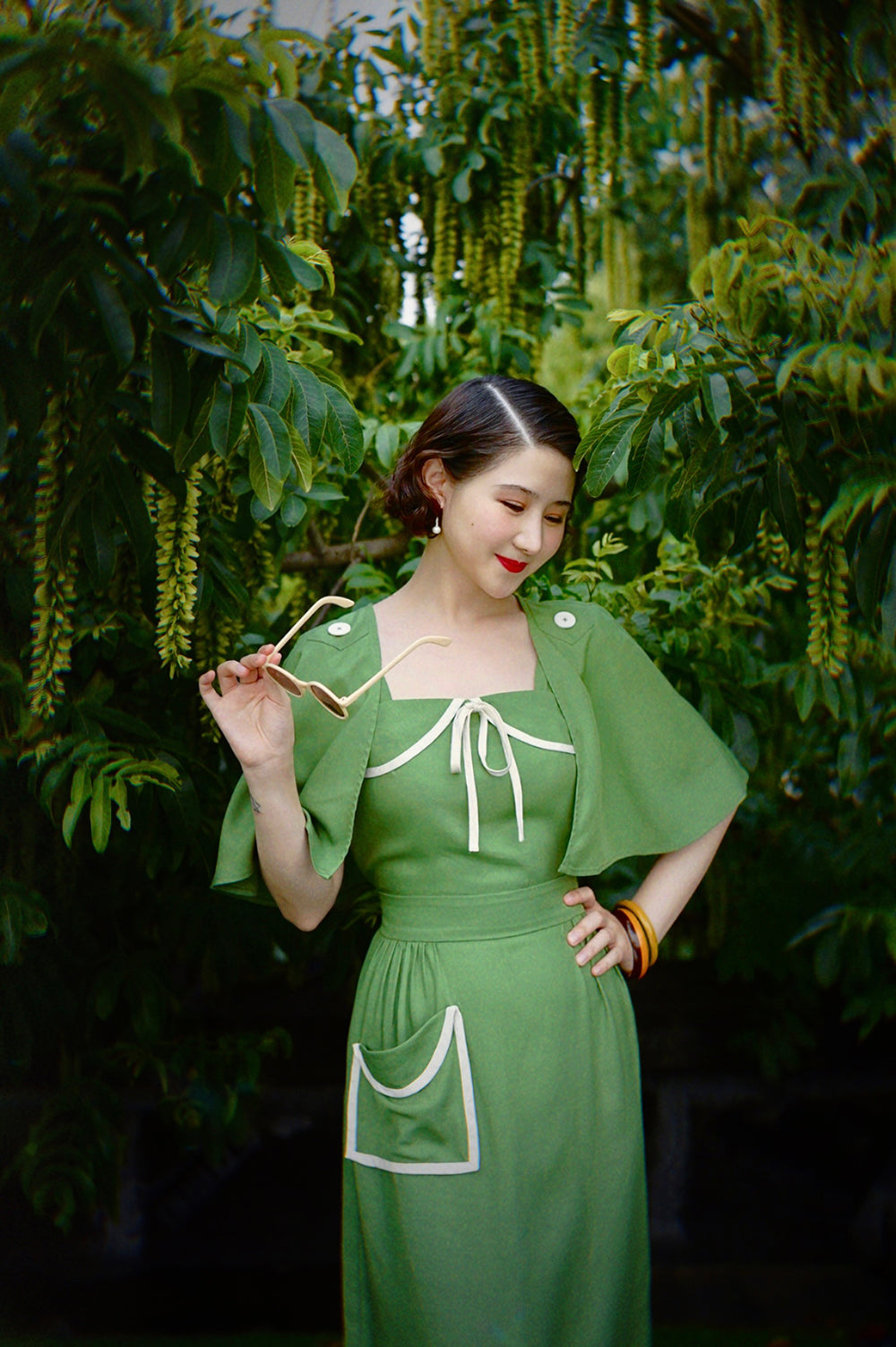 1930s|Detachable Cape Botton Dress