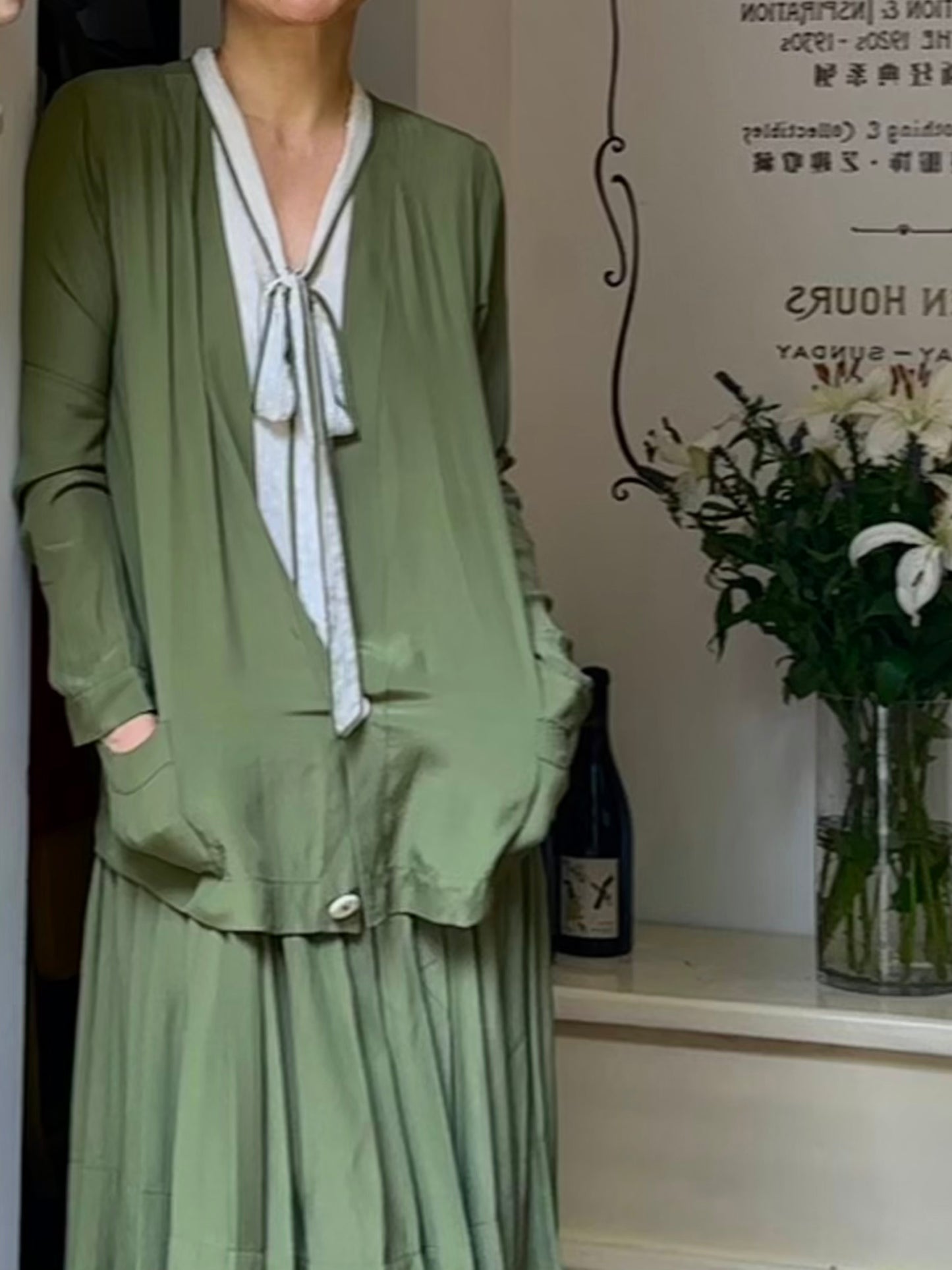 1920s|Lace Ribbon Green Pleated Two-Piece Set