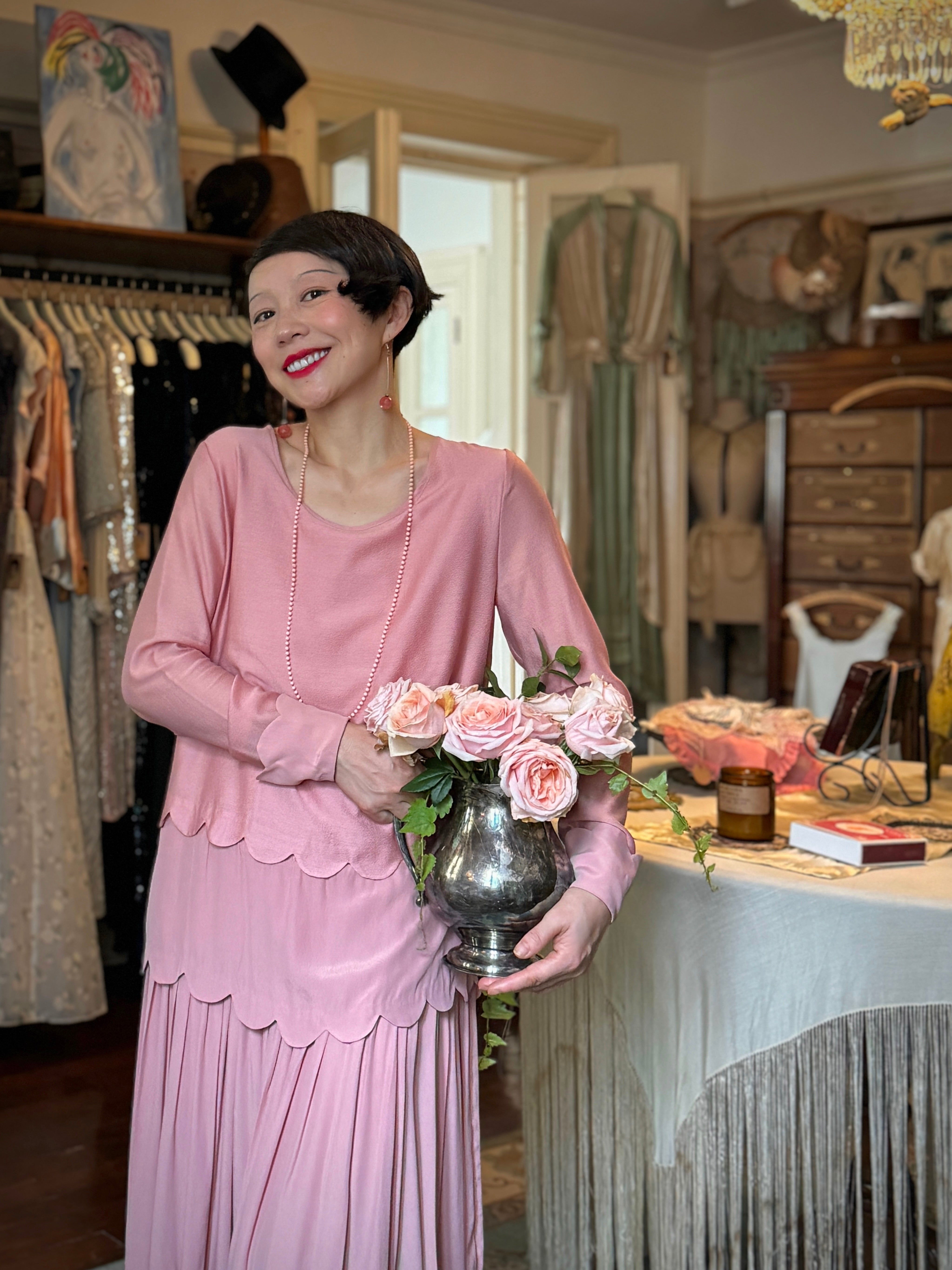 1920s|Pink Fluted Hem Dress – Bee's Knees 1920s|Pink Fluted Hem Dress – Bee's Knees