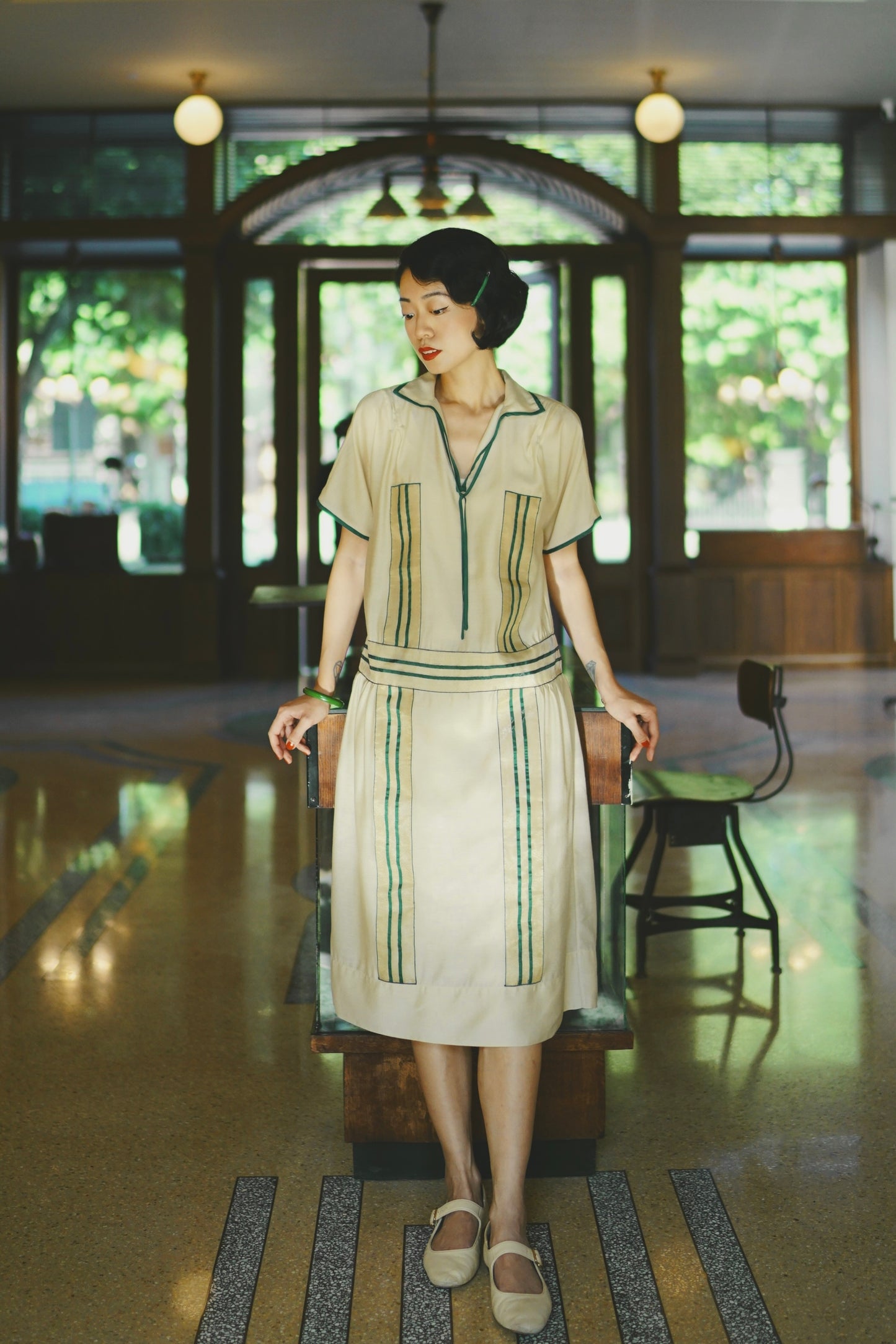 1920s|Green striped woven ribbon dress