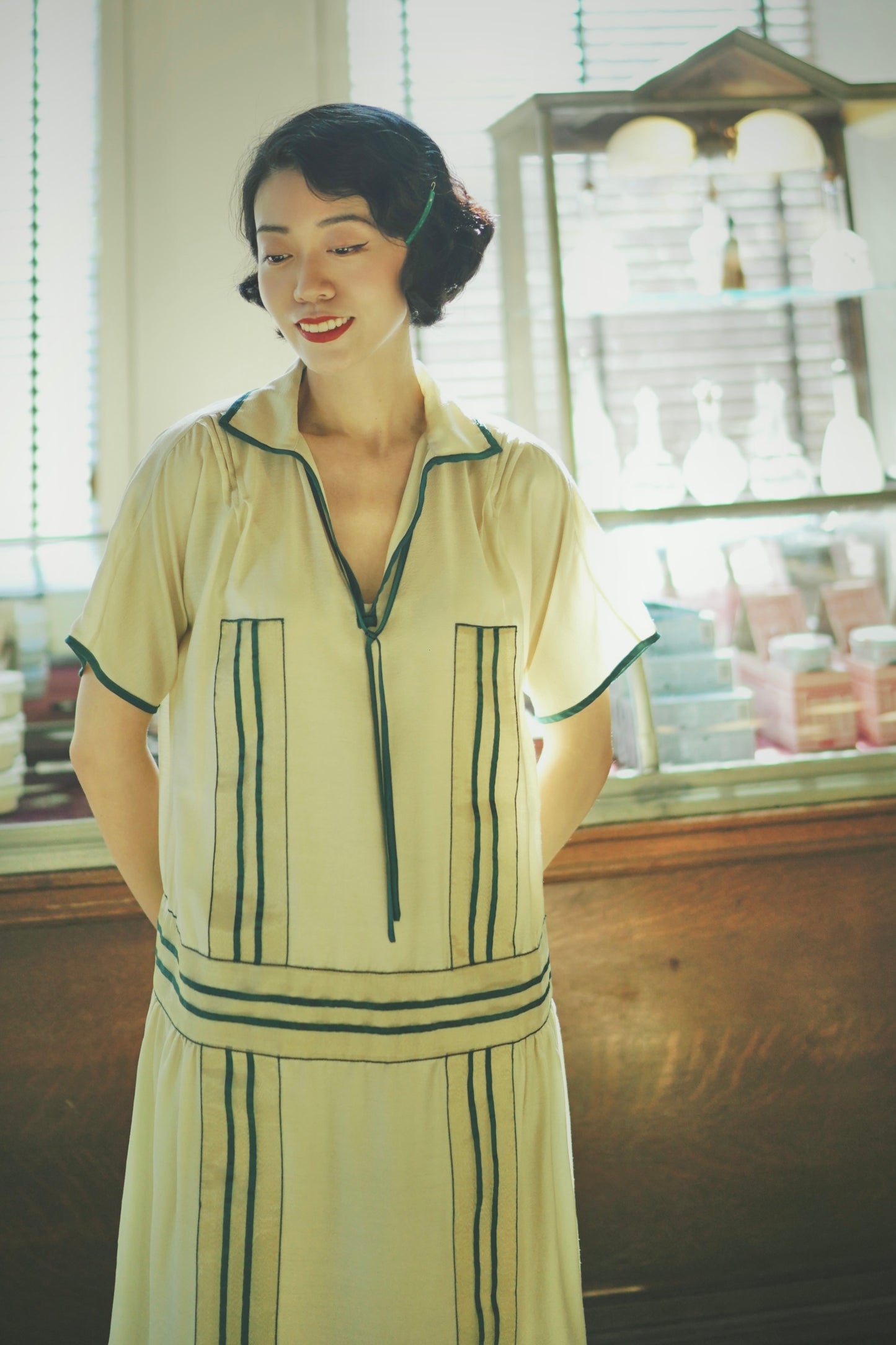 1920s|Green striped woven ribbon dress