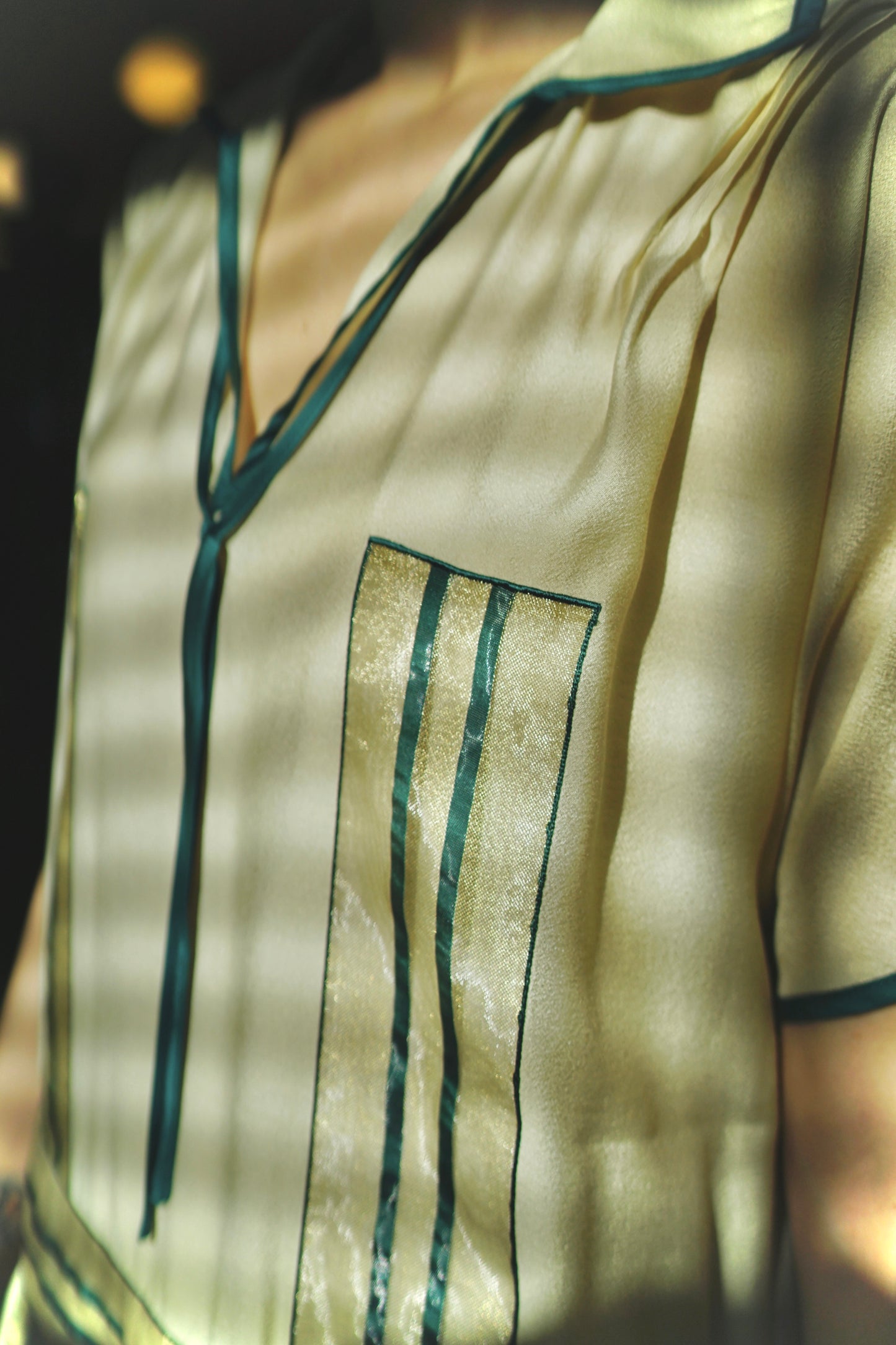 1920s|Green striped woven ribbon dress