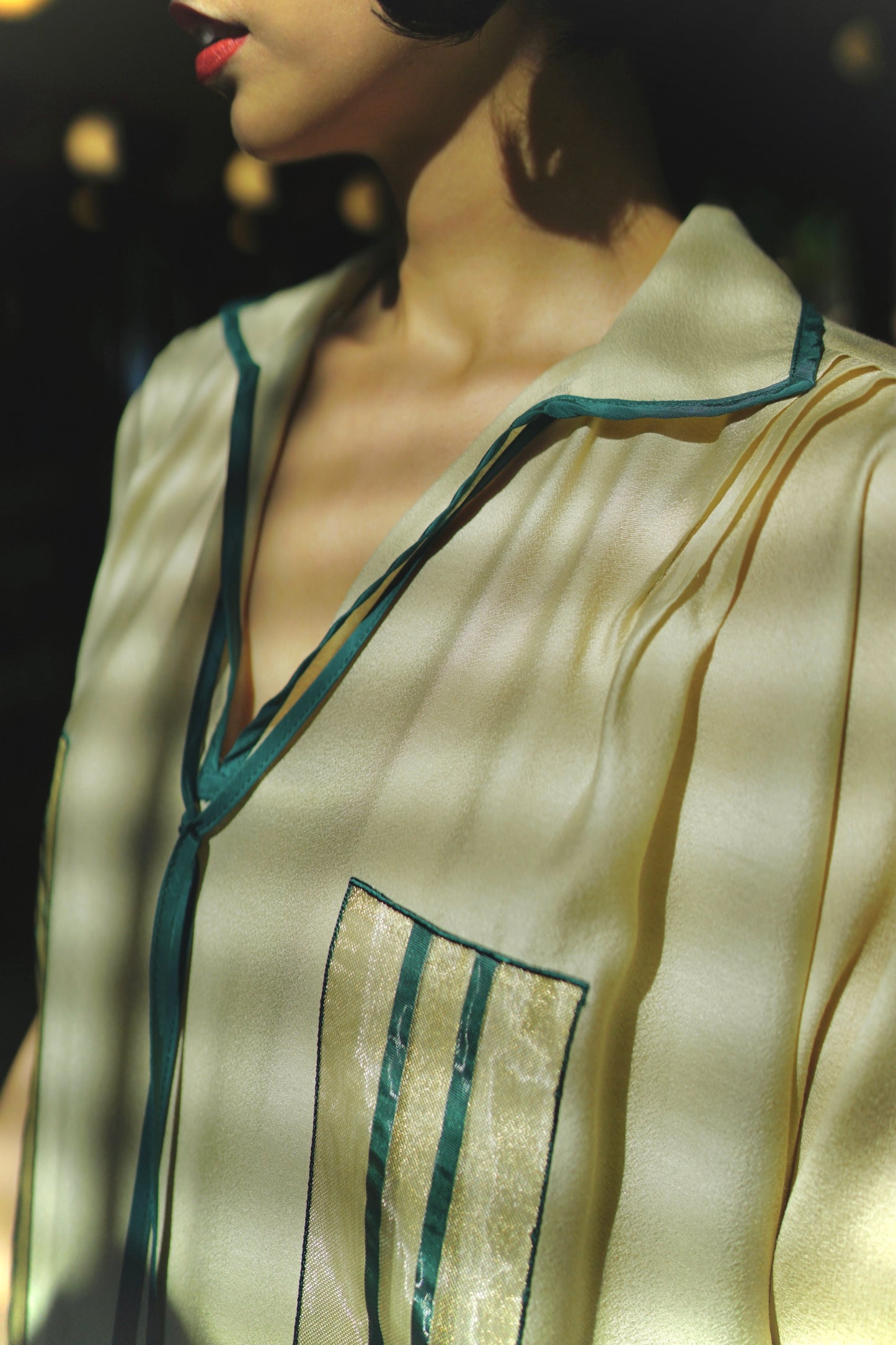 1920s|Green striped woven ribbon dress