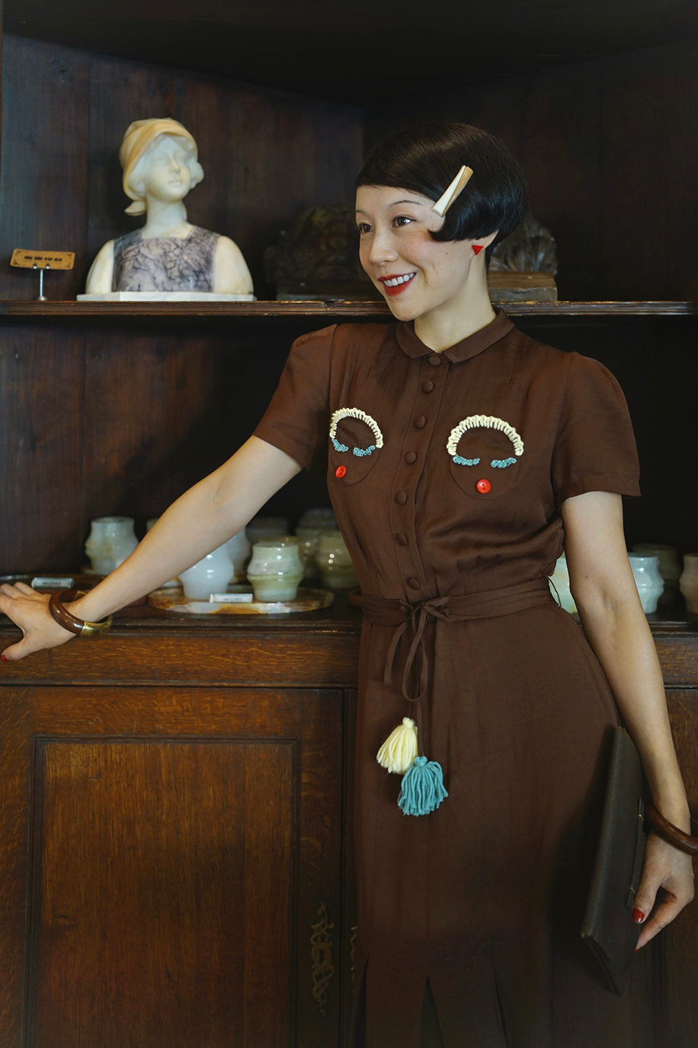 1930s|Doll Head Embroidered Dress(Brown)