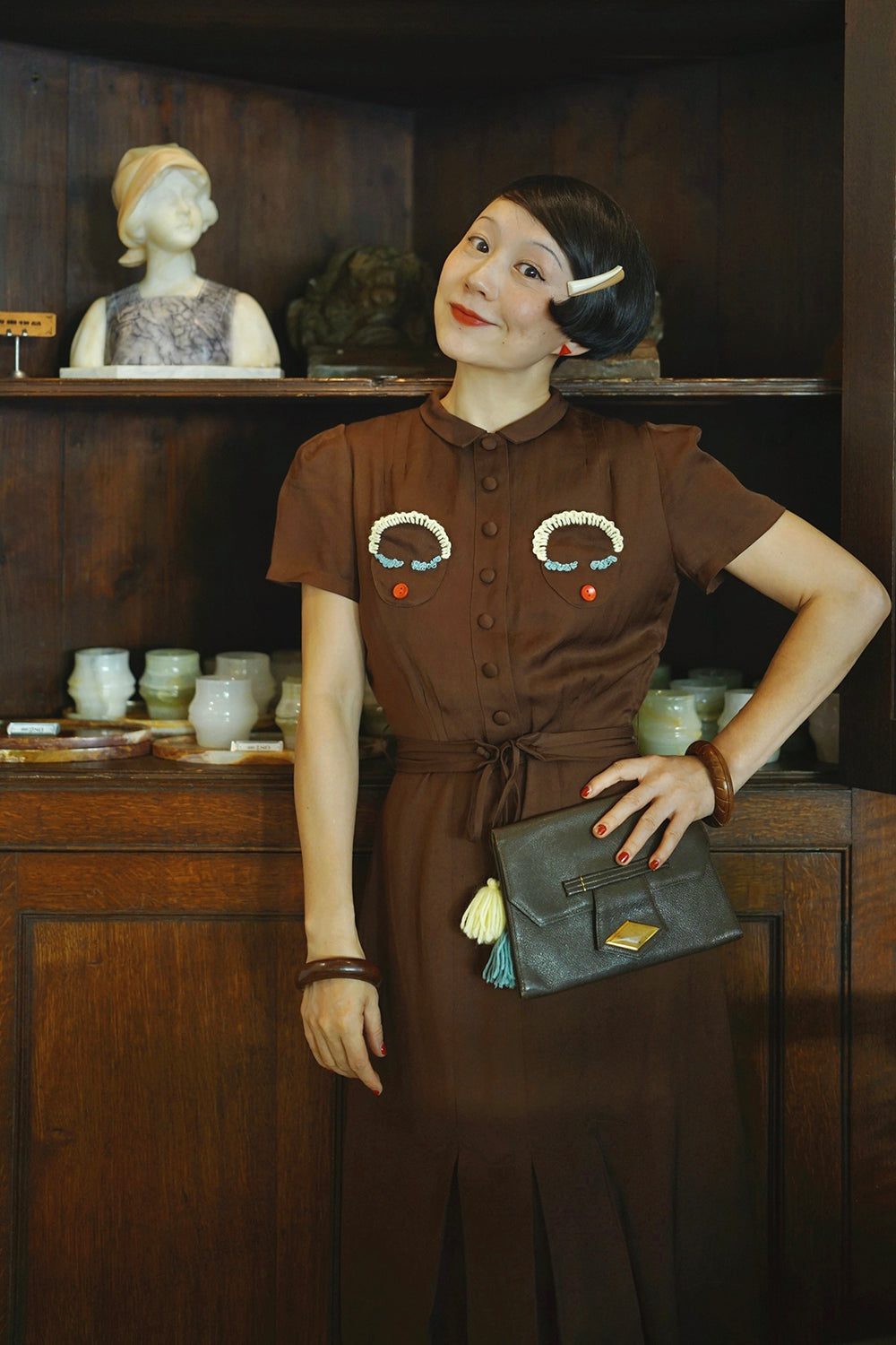 1930s|Doll Head Embroidered Dress(Brown)