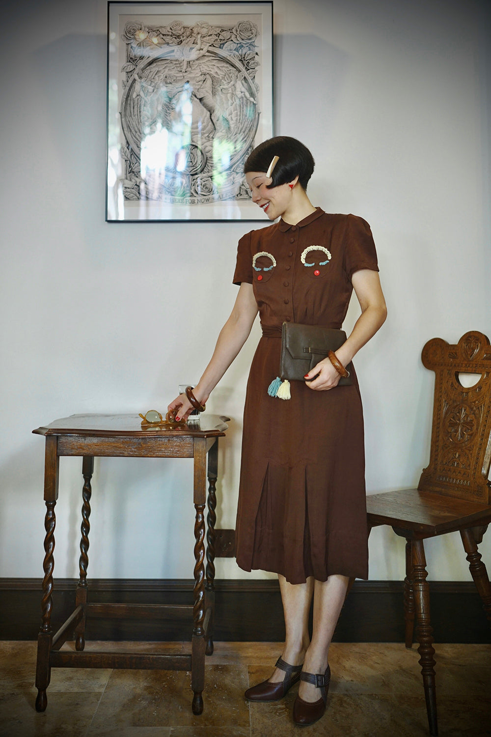 1930s|Doll Head Embroidered Dress(Brown)