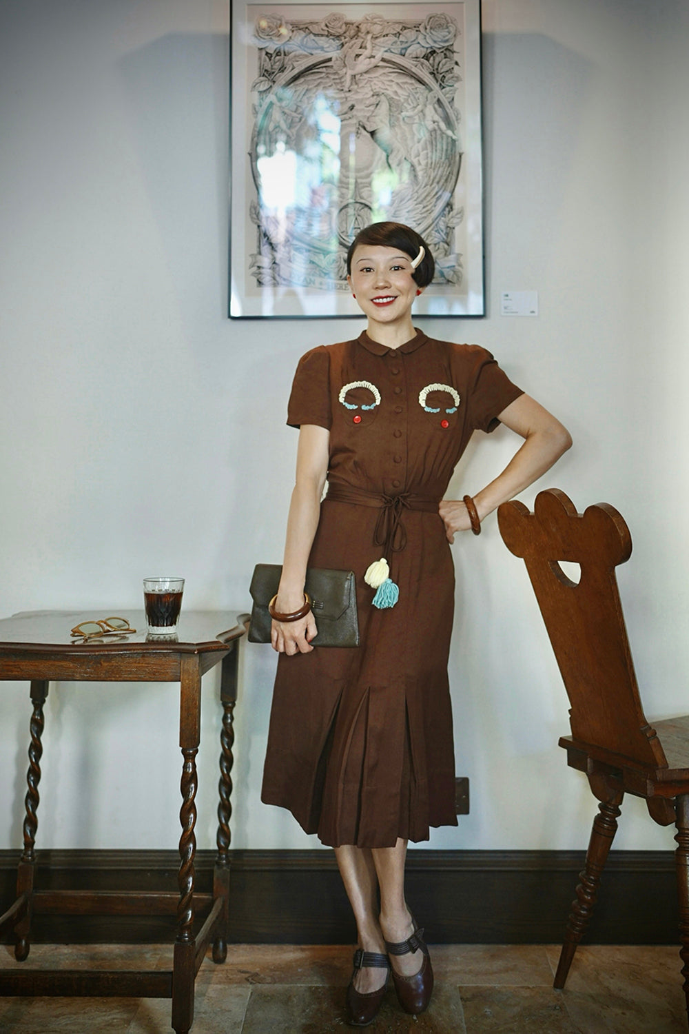 1930s|Doll Head Embroidered Dress(Brown)