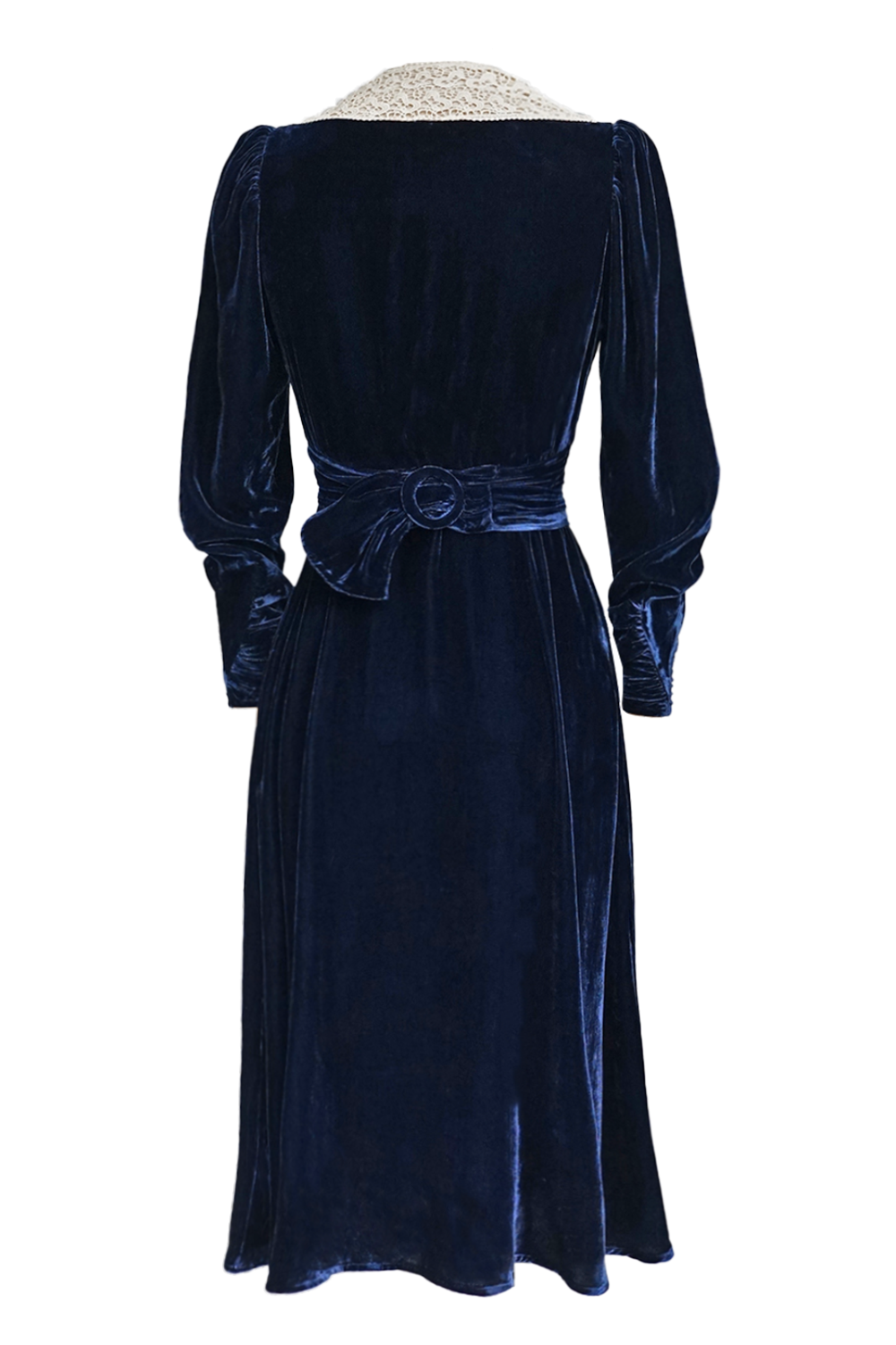 1930s|Lace V-Neck Blue Velvet Dress