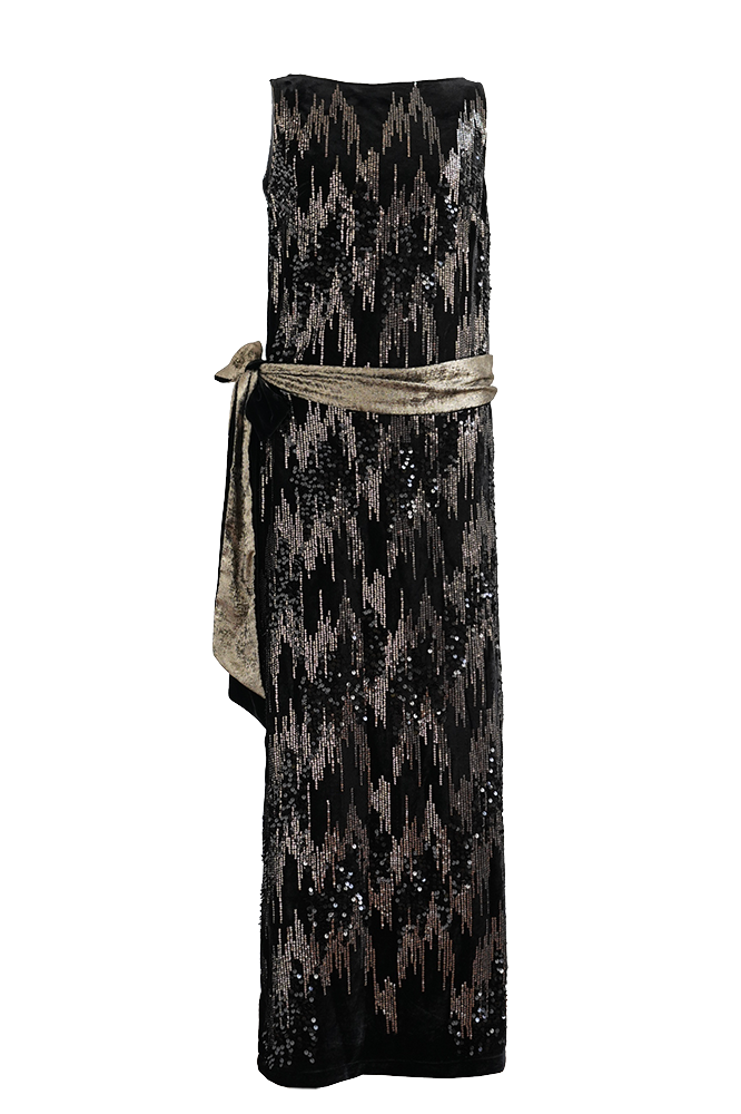 1920s|Black Velvet Sequin Evening Gown