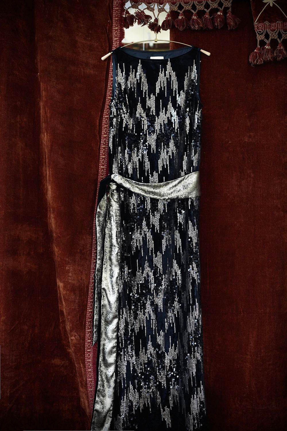 1920s|Black Velvet Sequin Evening Gown