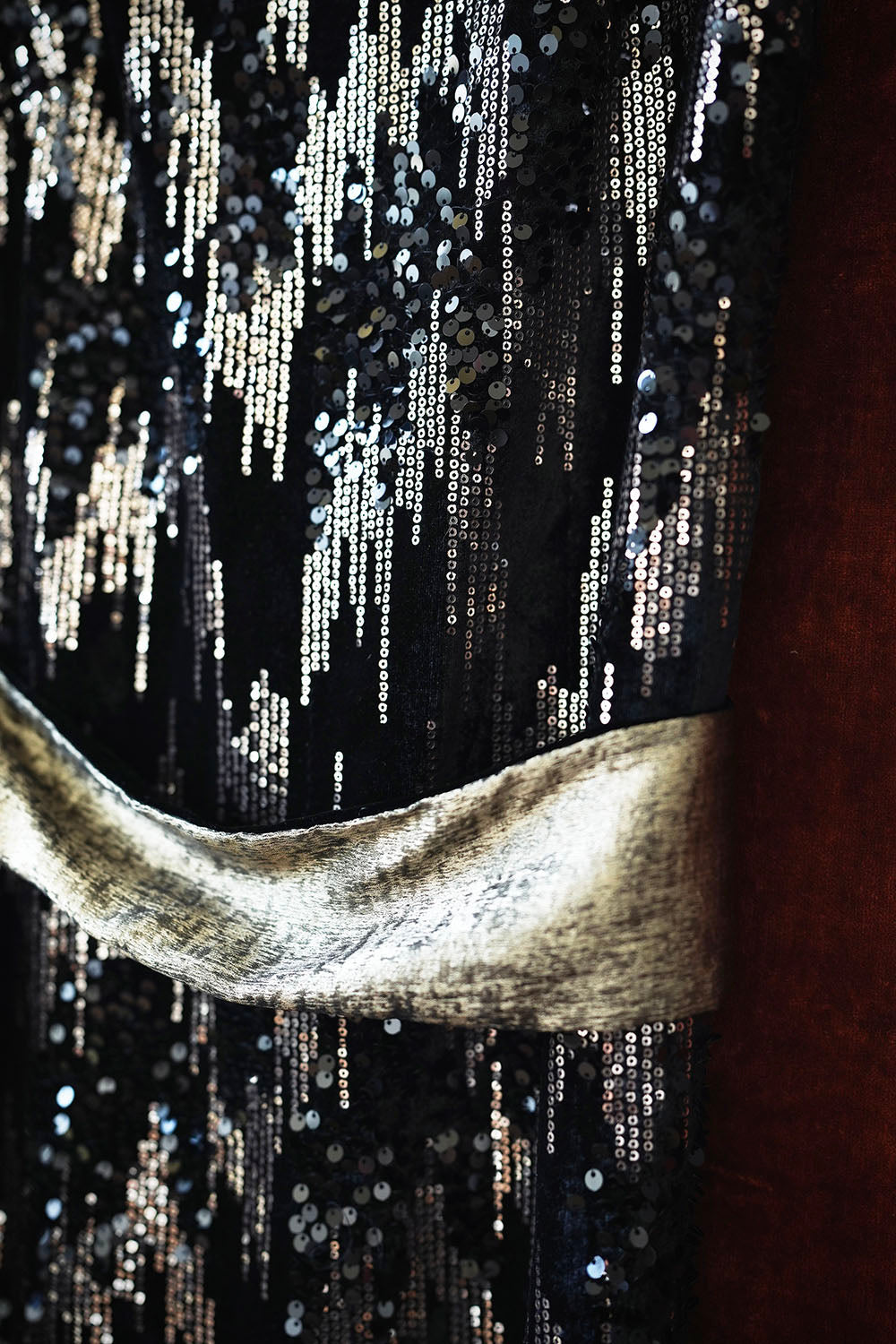 1920s|Black Velvet Sequin Evening Gown