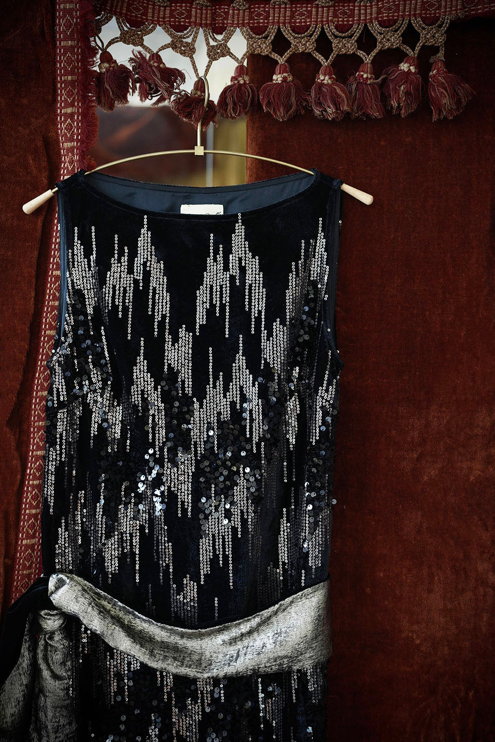 1920s|Black Velvet Sequin Evening Gown