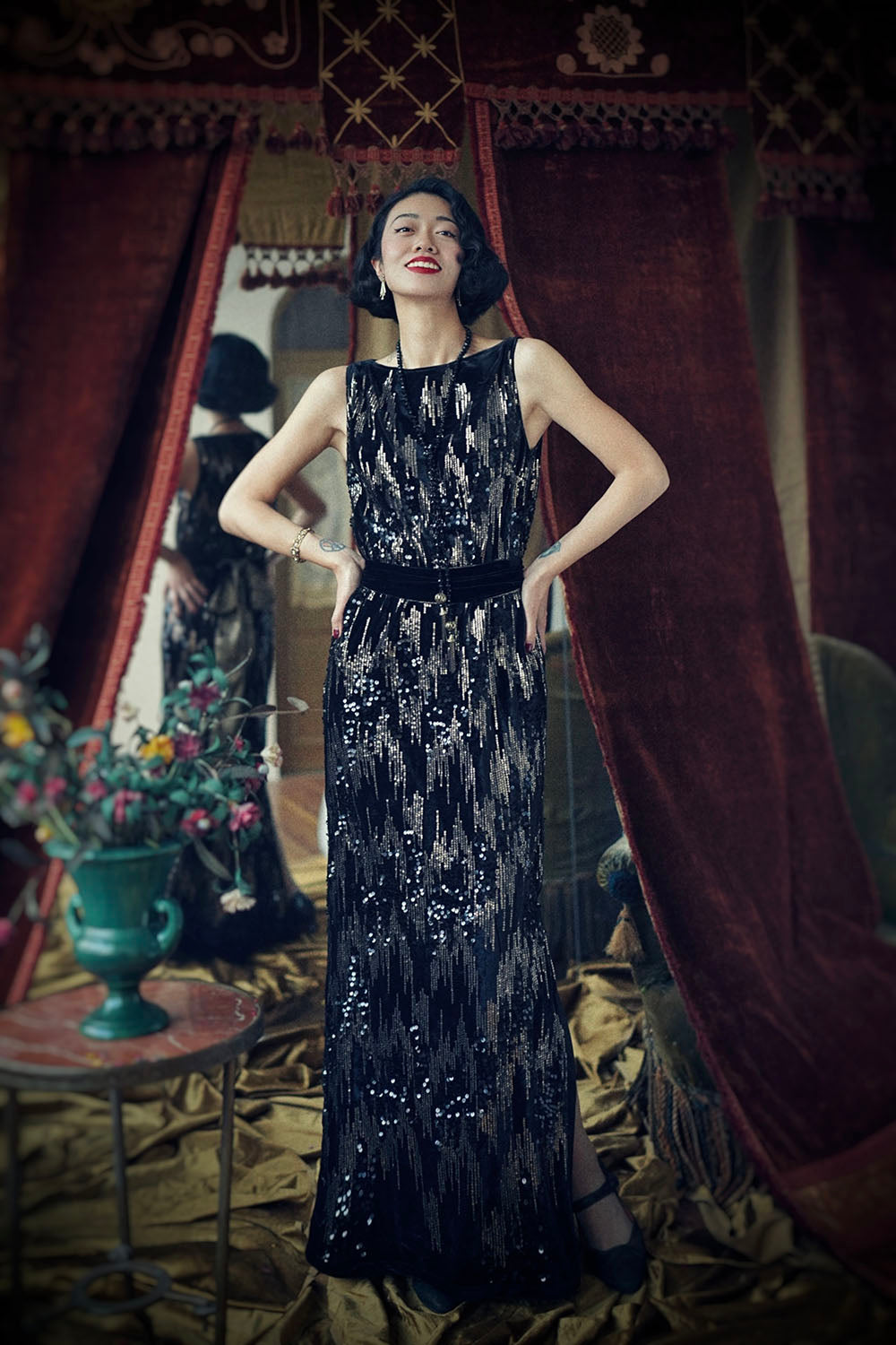 1920s|Black Velvet Sequin Evening Gown
