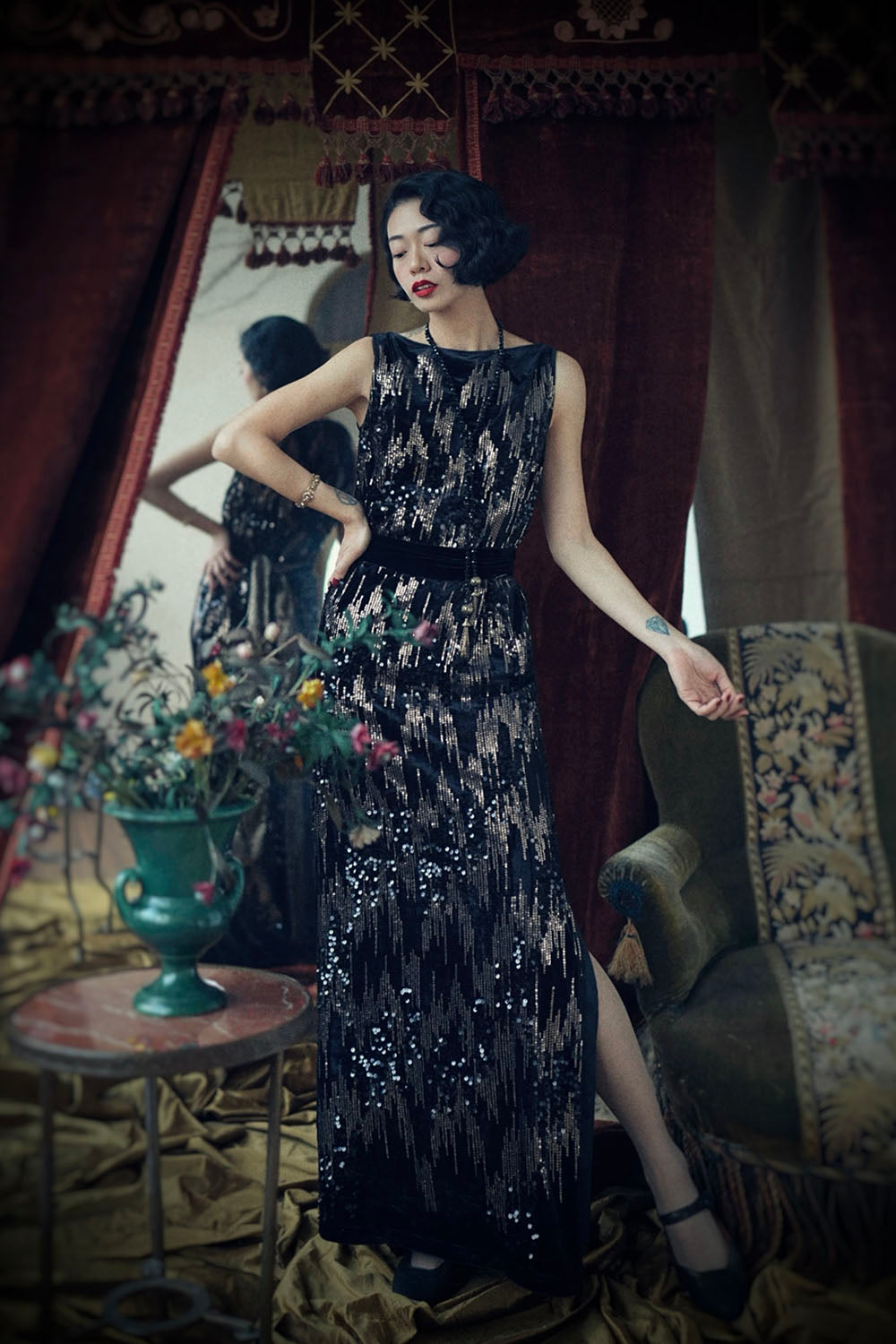 1920s|Black Velvet Sequin Evening Gown