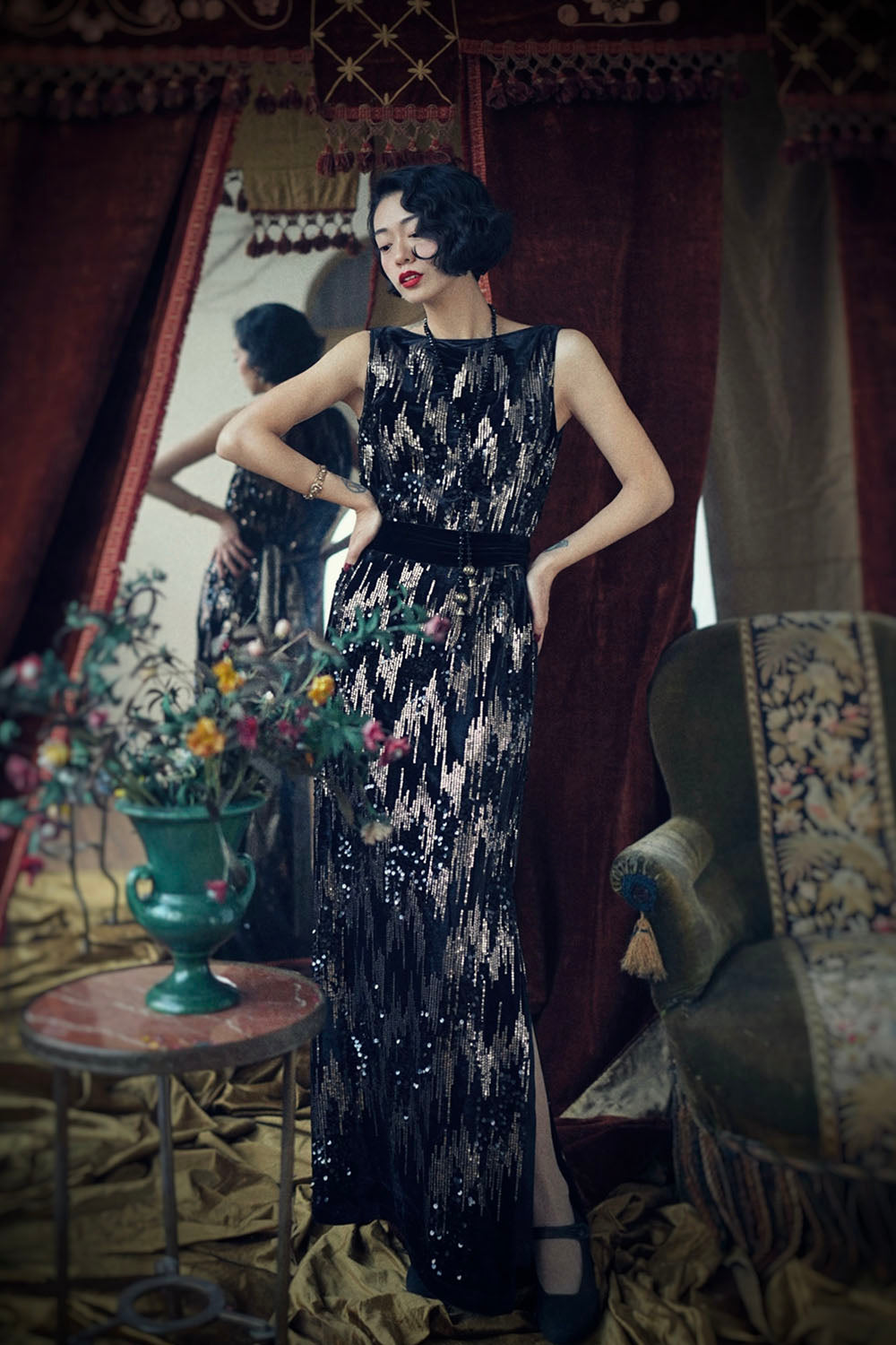1920s|Black Velvet Sequin Evening Gown