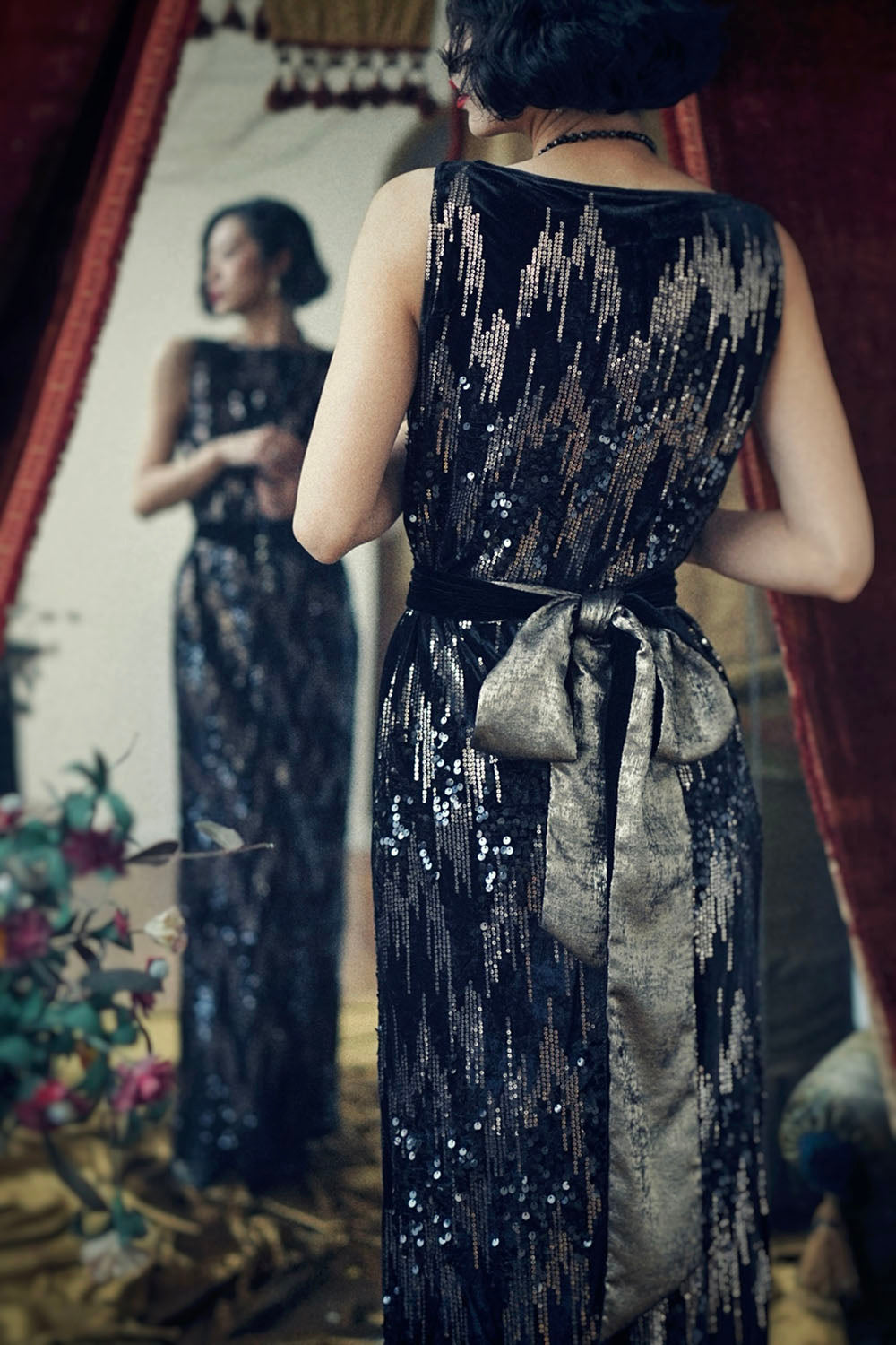 1920s|Black Velvet Sequin Evening Gown