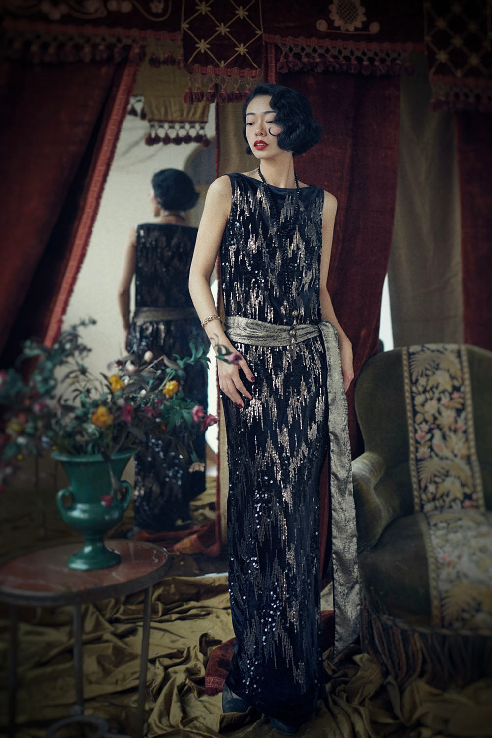 1920s|Black Velvet Sequin Evening Gown