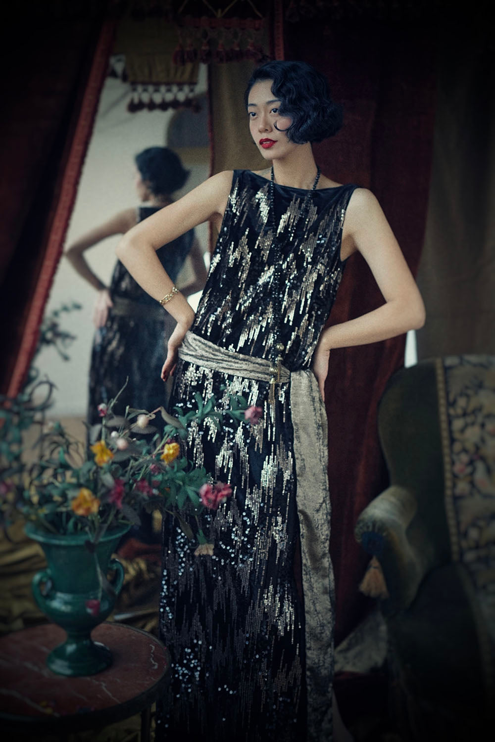 1920s|Black Velvet Sequin Evening Gown