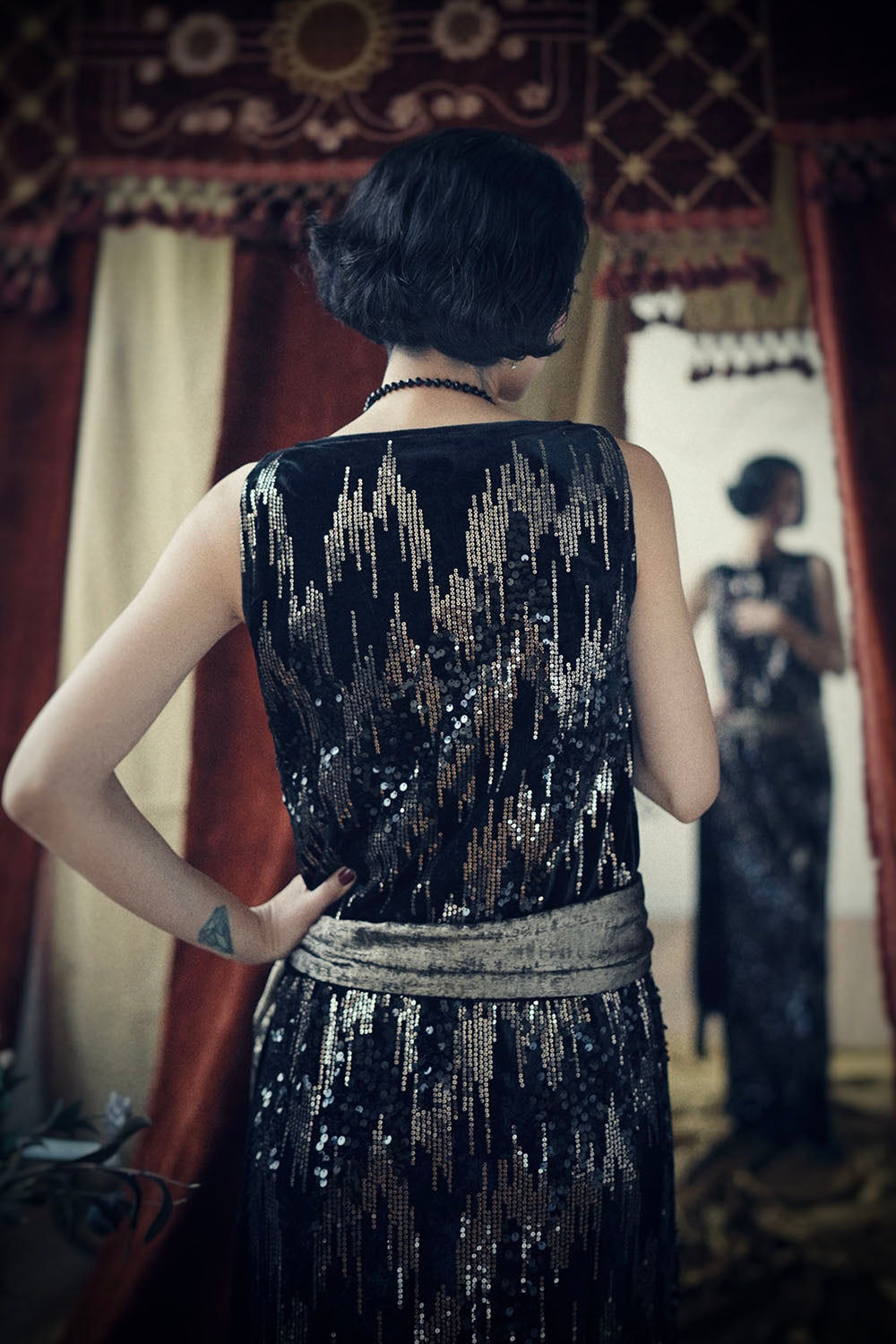 1920s|Black Velvet Sequin Evening Gown