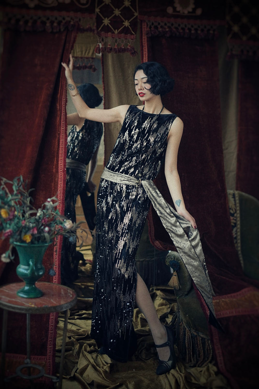 1920s|Black Velvet Sequin Evening Gown