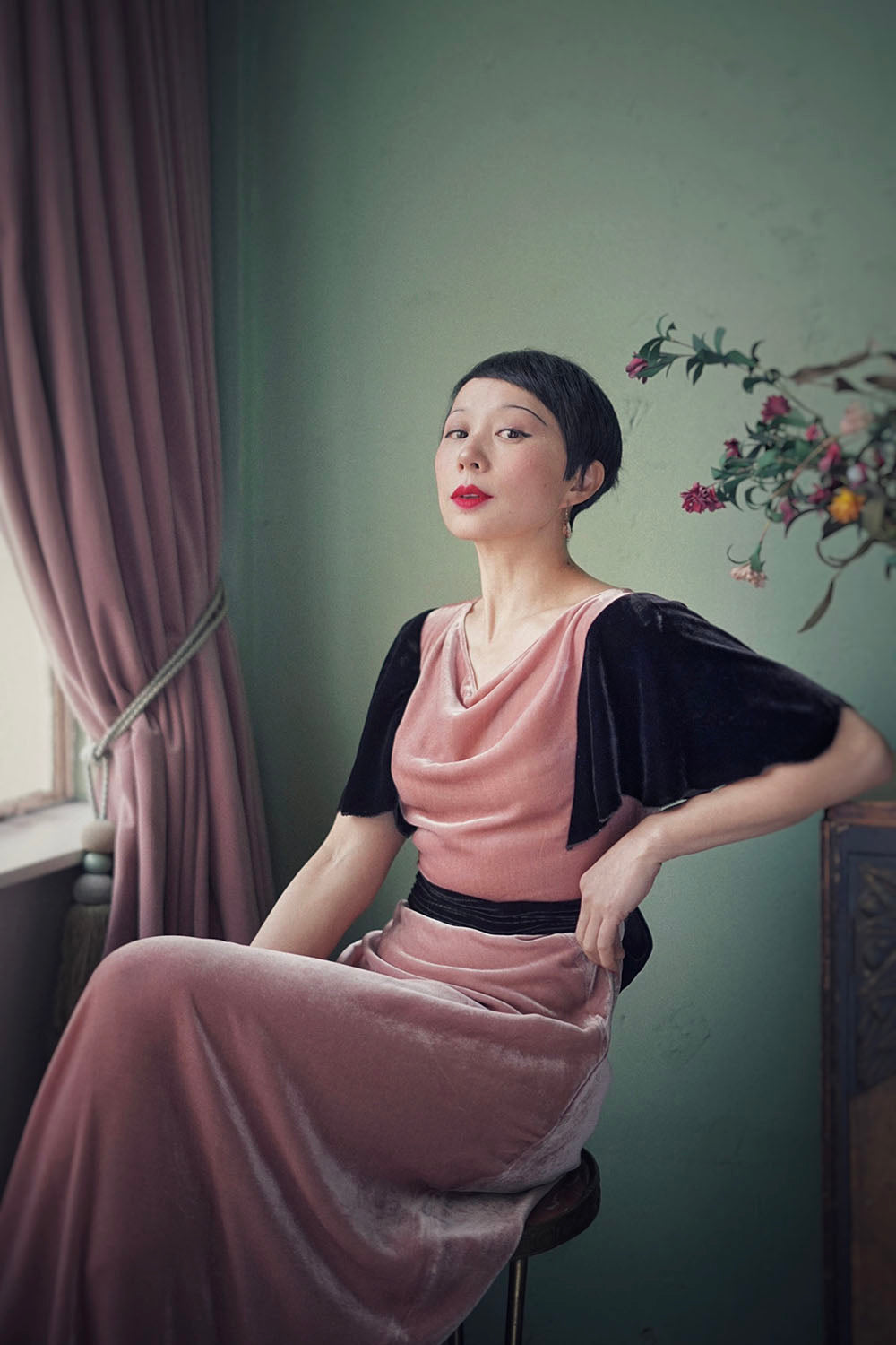 1930s|Cap Sleeve Velvet Gown (Pink + Coffee)