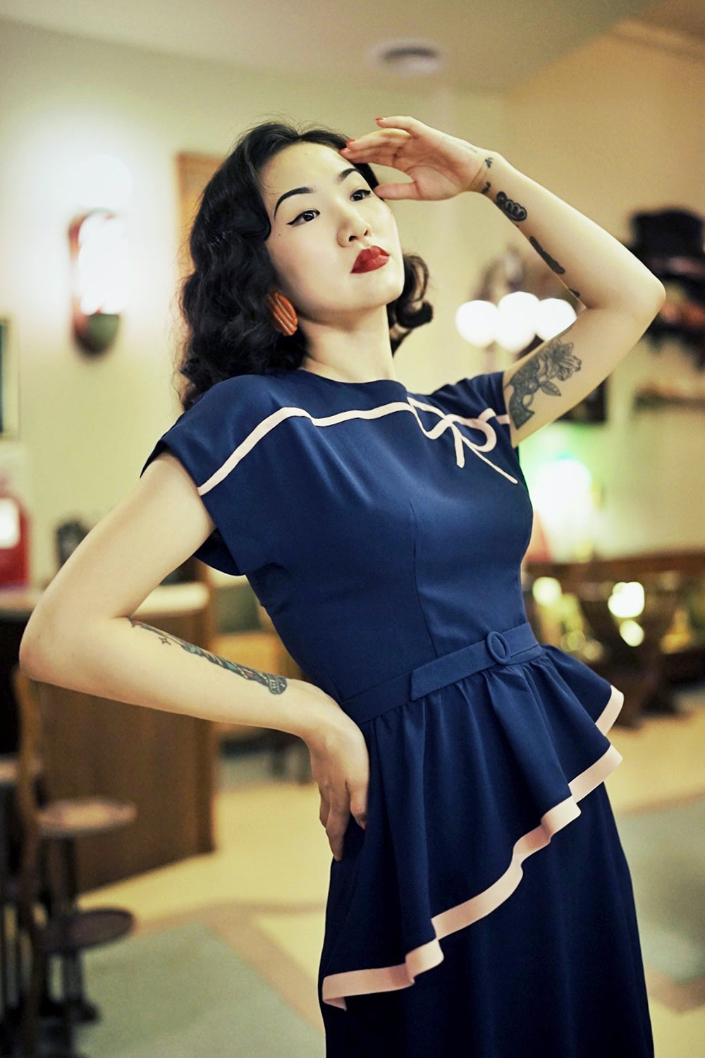 1940s|Bows Peplum Dress(Orange / Navy)