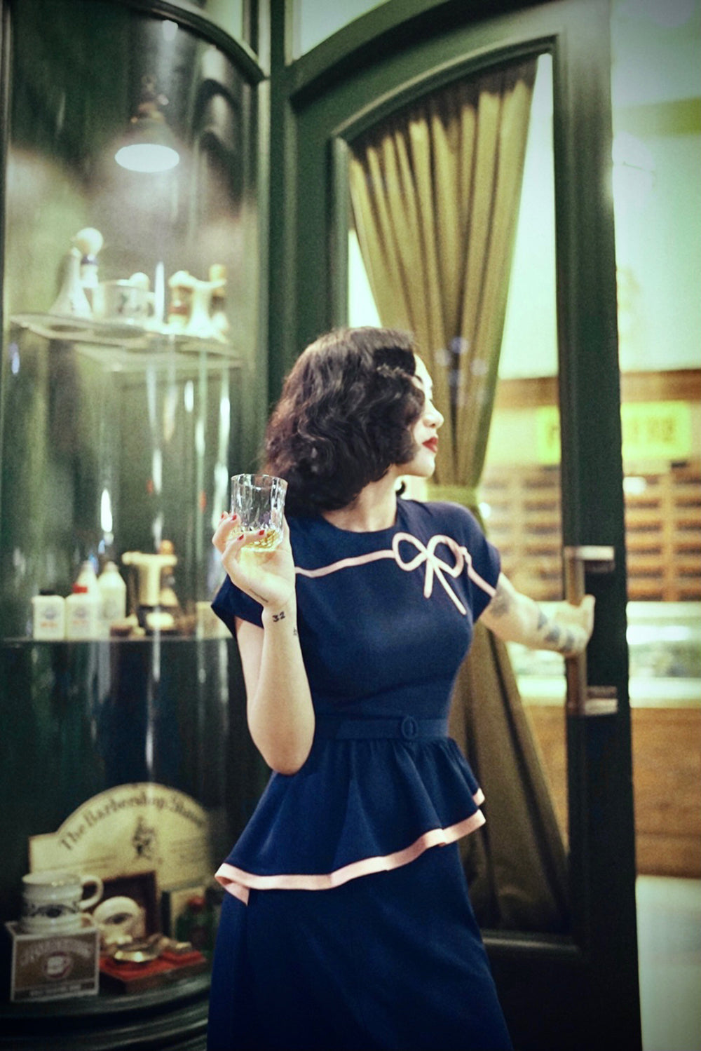 1940s|Bows Peplum Dress(Orange / Navy)