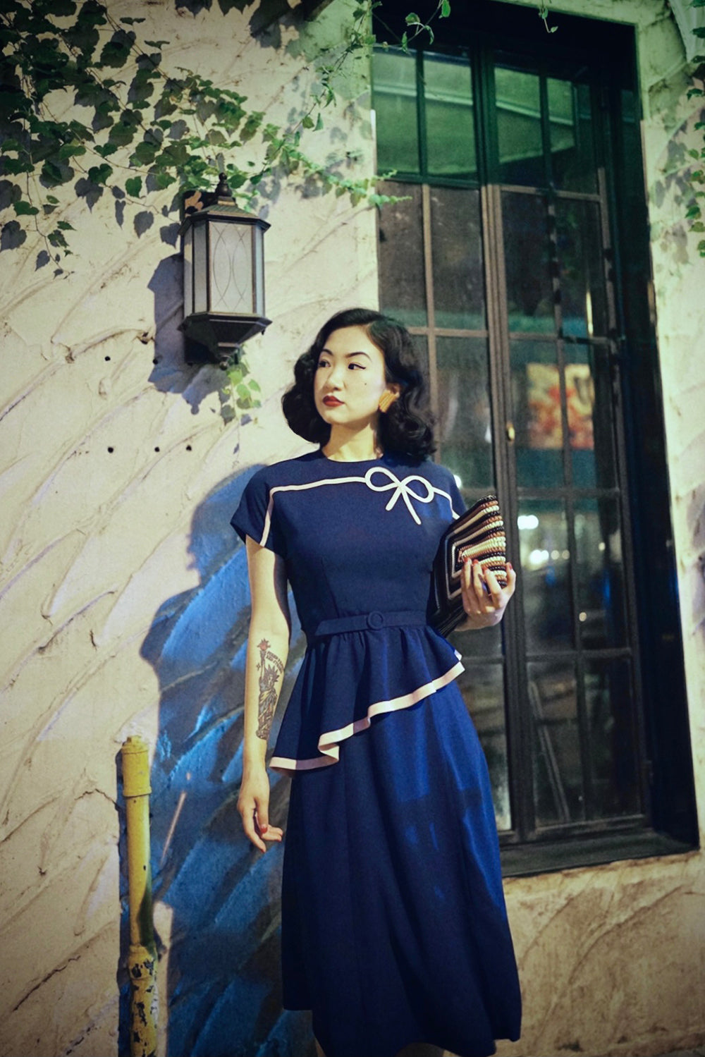 1940s|Bows Peplum Dress(Orange / Navy)