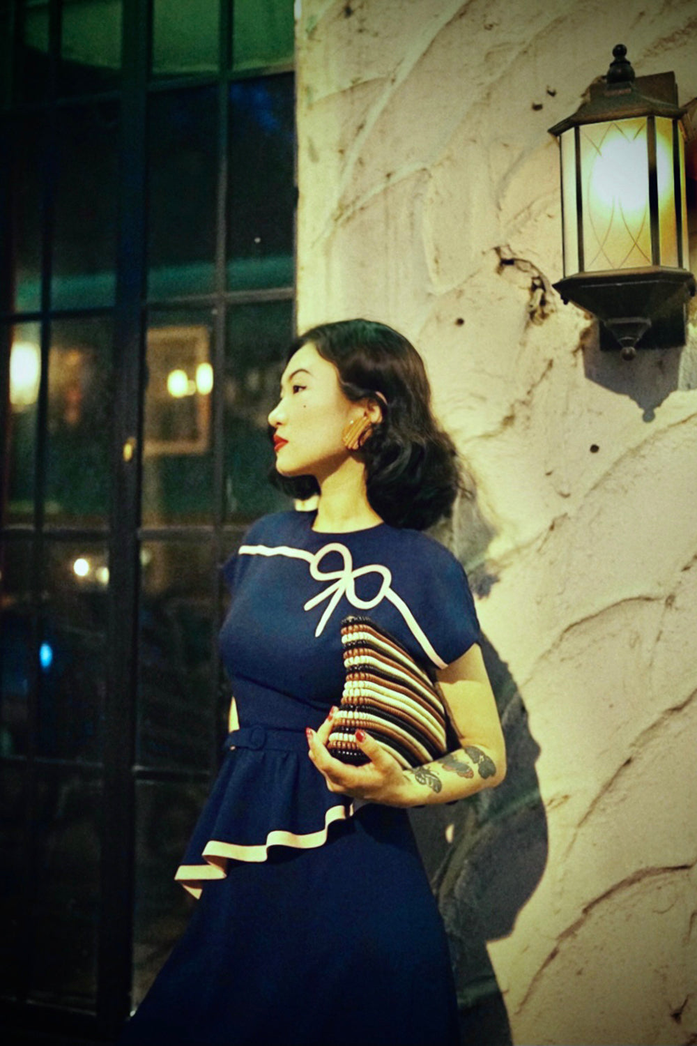 1940s|Bows Peplum Dress(Orange / Navy)