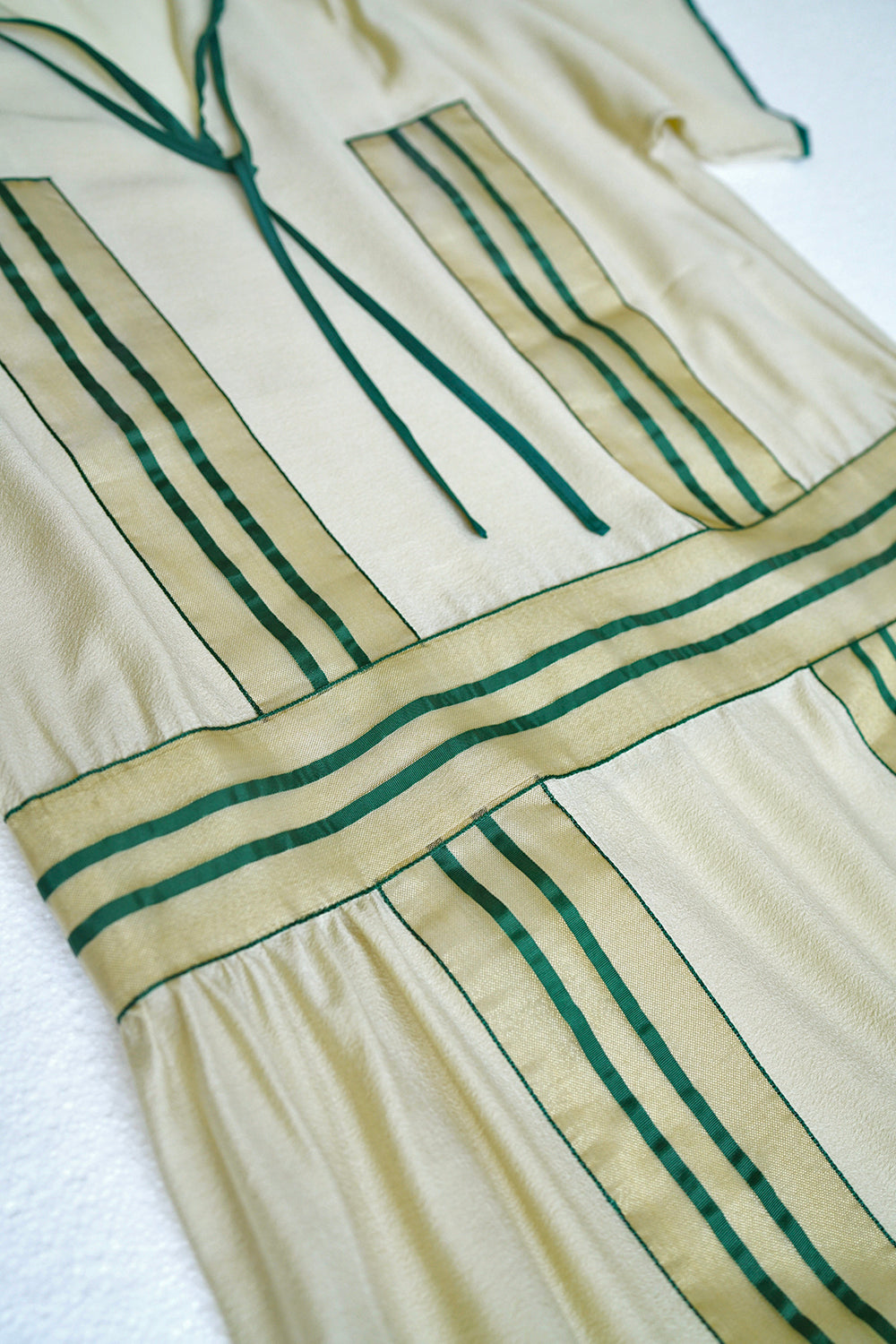 1920s|Green striped woven ribbon dress