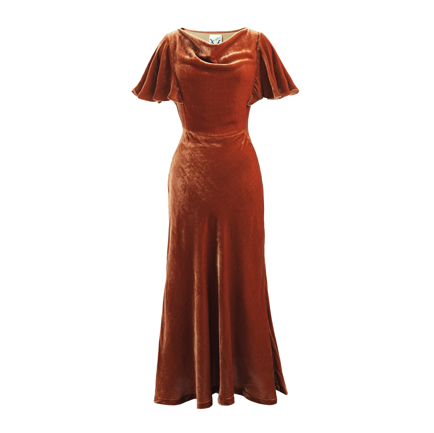 1930s|Cap Sleeve Velvet Asymmetrical Dress (Orange)