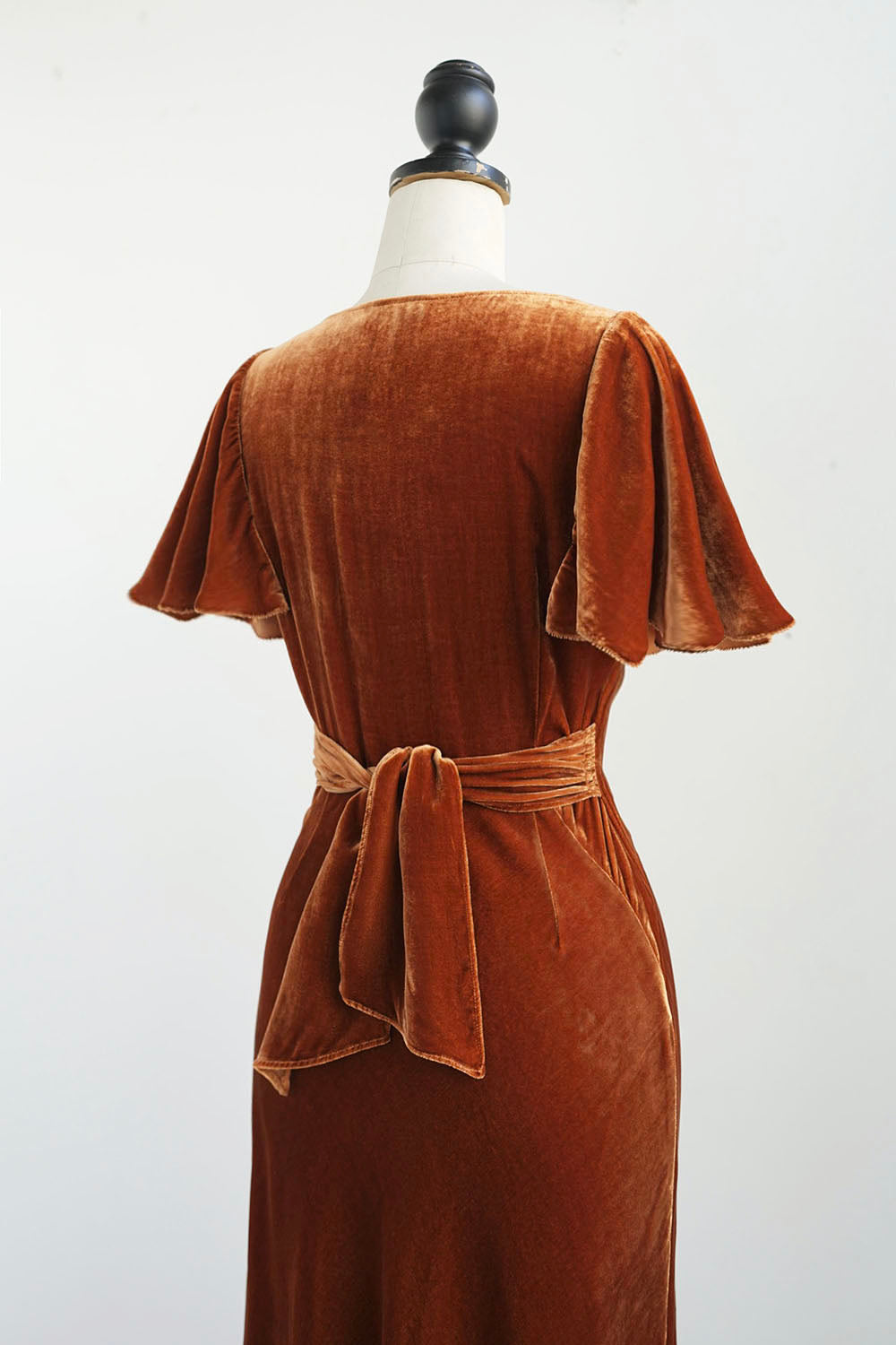 1930s|Cap Sleeve Velvet Asymmetrical Dress (Orange)