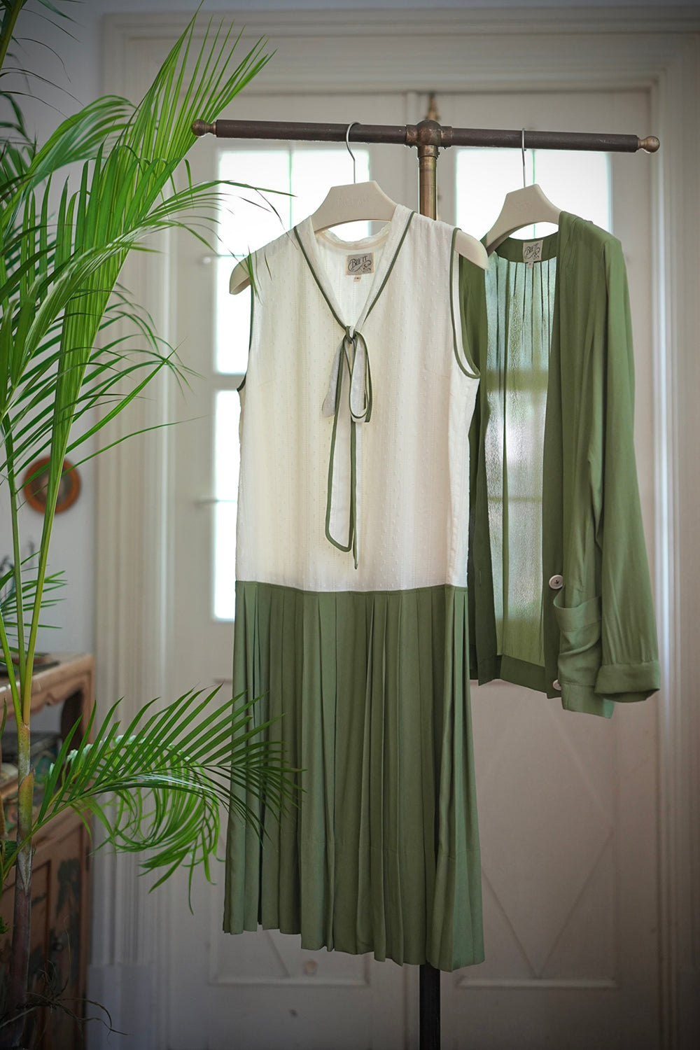 1920s|Lace Ribbon Green Pleated Two-Piece Set