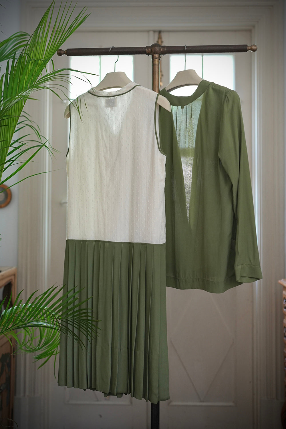 1920s|Lace Ribbon Green Pleated Two-Piece Set